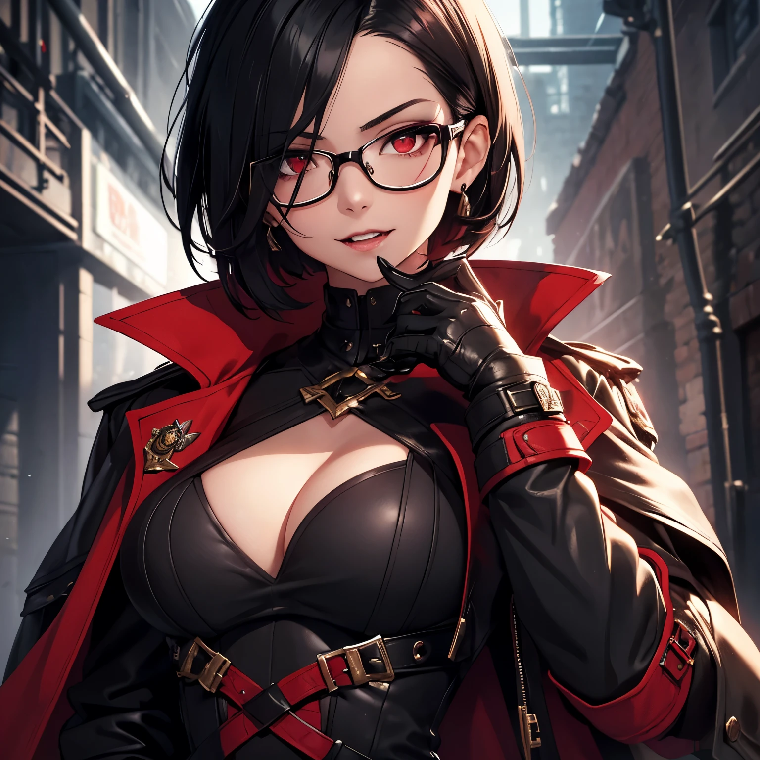 Young Female, Vampire, Black Hair, Short Hair, Red Eyes, Glasses, high-res portrait, Vibrant Colors, soft lighting, Trench Coat, Open Breast Tea, Mischievous, Gauntlets, Confident Expression, Vampire Fangs, 3D, Realistic, HDR, Very Detailed, HD, Background, Masterpiece