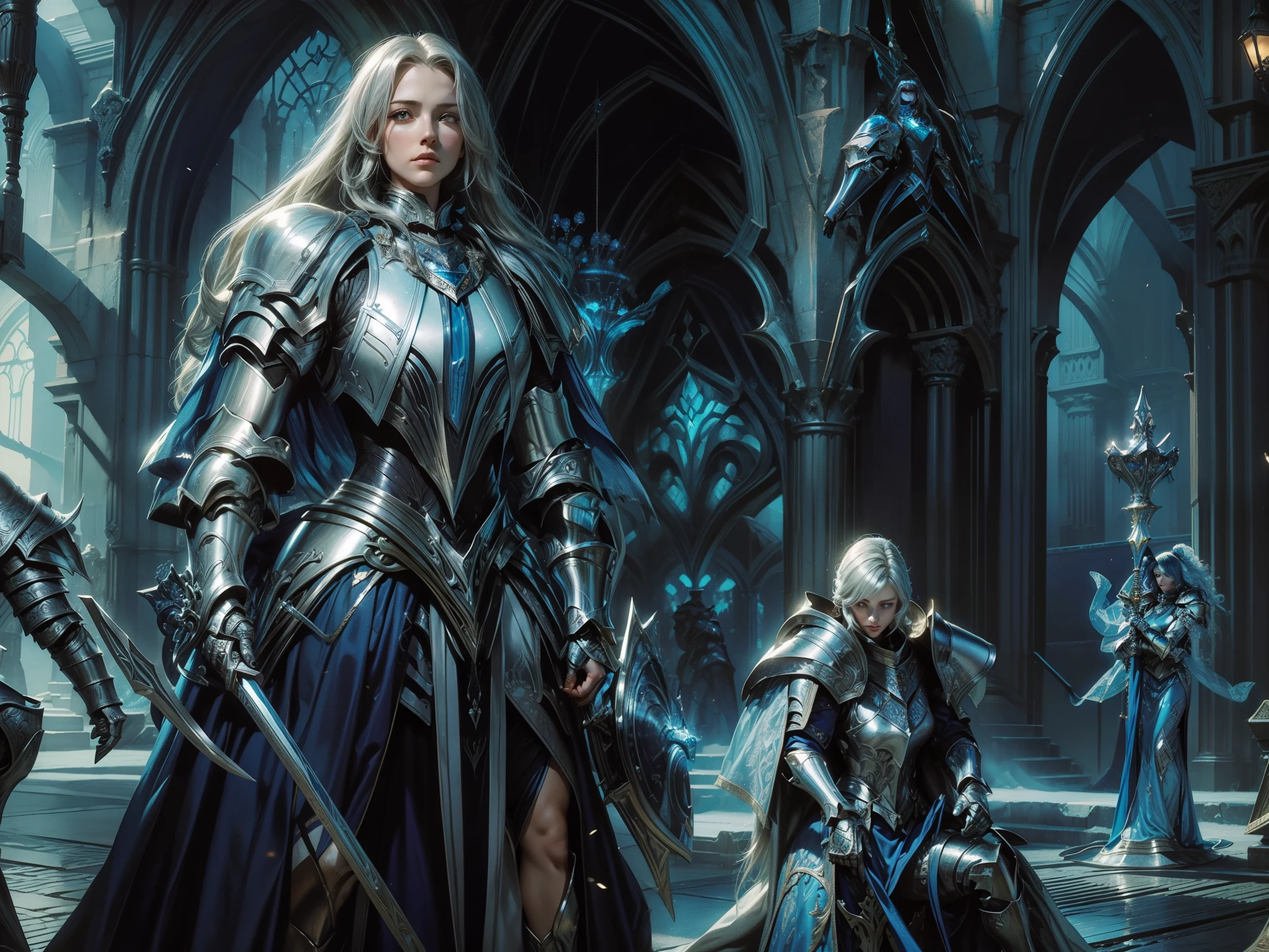 there is a woman in a blue dress and a man in a silver suit, picture of female paladin, gorgeous female paladin, female paladin, fantasy paladin woman, portrait of female paladin, portrait knight female, beautiful female knight, female knight, jaina proudmoore, arsen lupin as a paladin, of a beautiful female knight