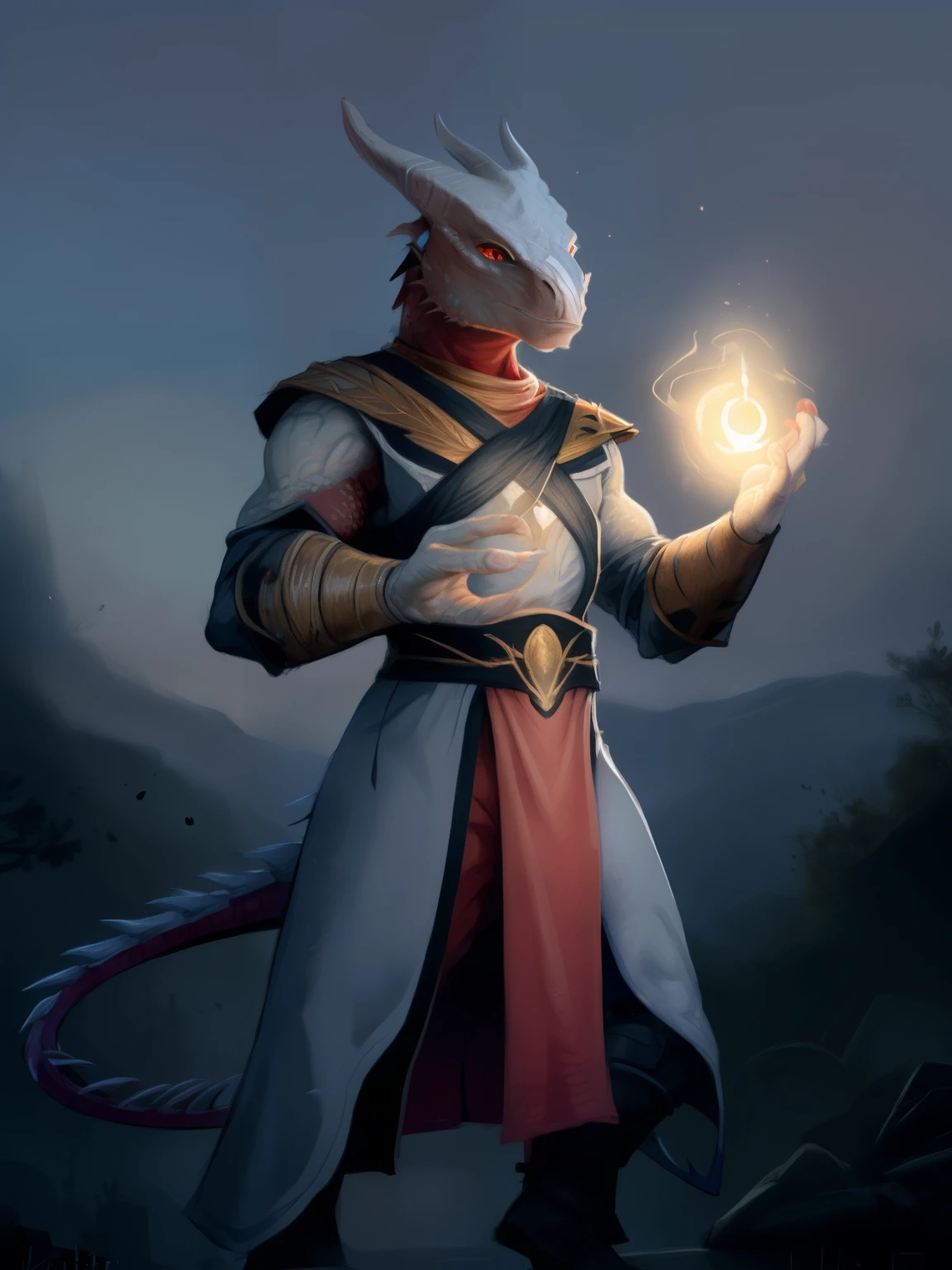 Darkerge, Dragonborn \(don&#39;t worry\), white body, Red eyes, male, muscular, cloth, magician, detailed background, don&#39;t worry, medieval, dynamic pose, magicianия, element magicianия, luminous, Battlefield, from Kenket, horse like
