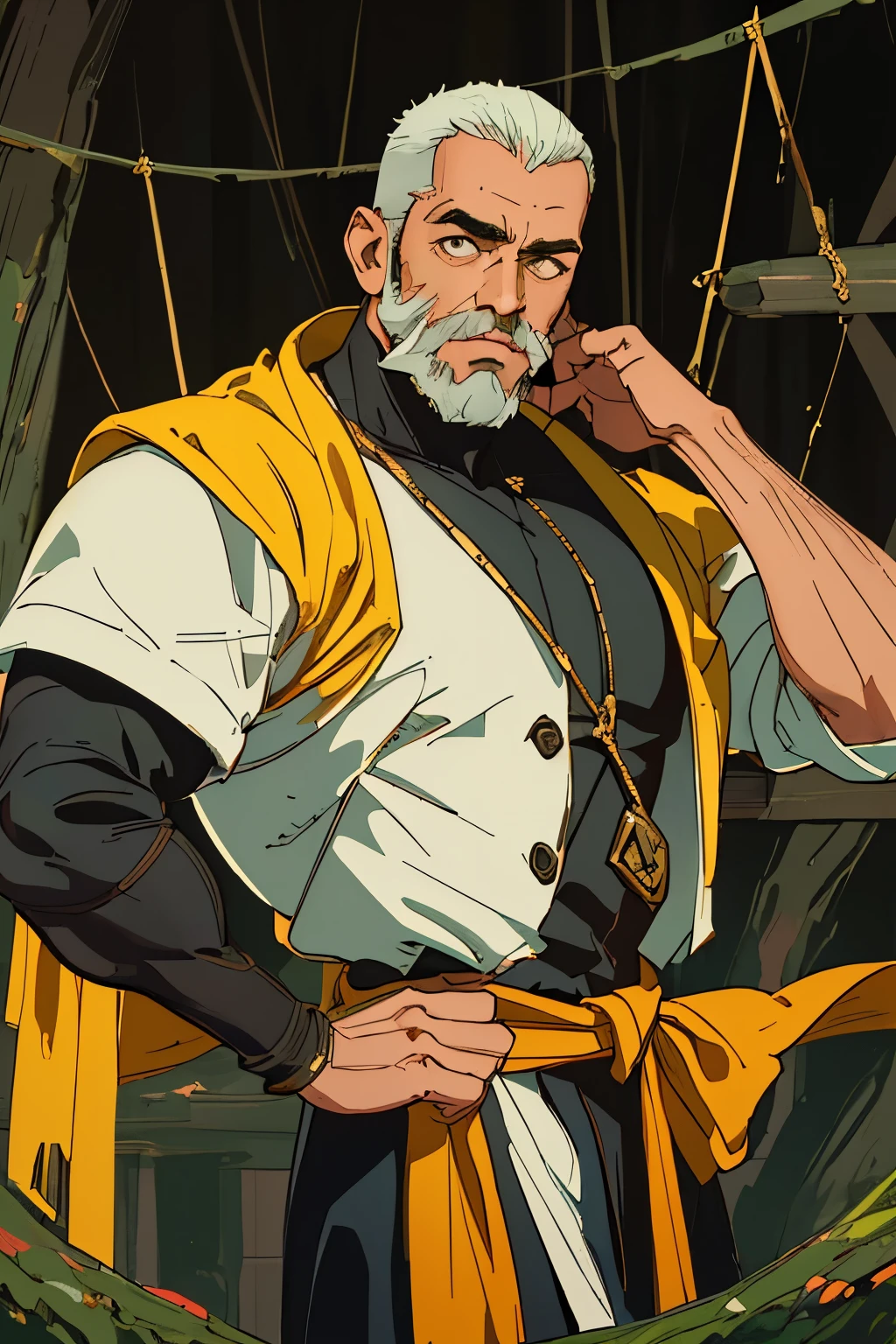 (melhor qualidade, obra de arte), 1 menino, muscular, olhando para o espectador, barba, tronco, jaqueta,