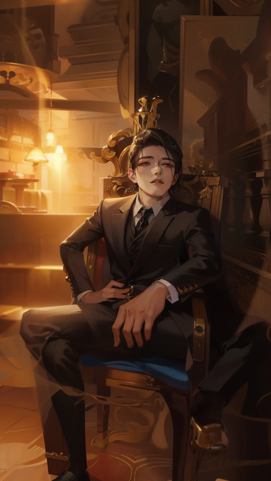 arafed man in a suit sitting on a chair in a room, cai xukun, epic and classy portrait, sitting in a gilded throne, high quality portrait, royal elegant pose, inspired by Zhang Han, inspired by Victor Wang, sitting on his throne, beautiful androgynous prince, luca, inspired by Wen Zhengming, sitting on golden throne