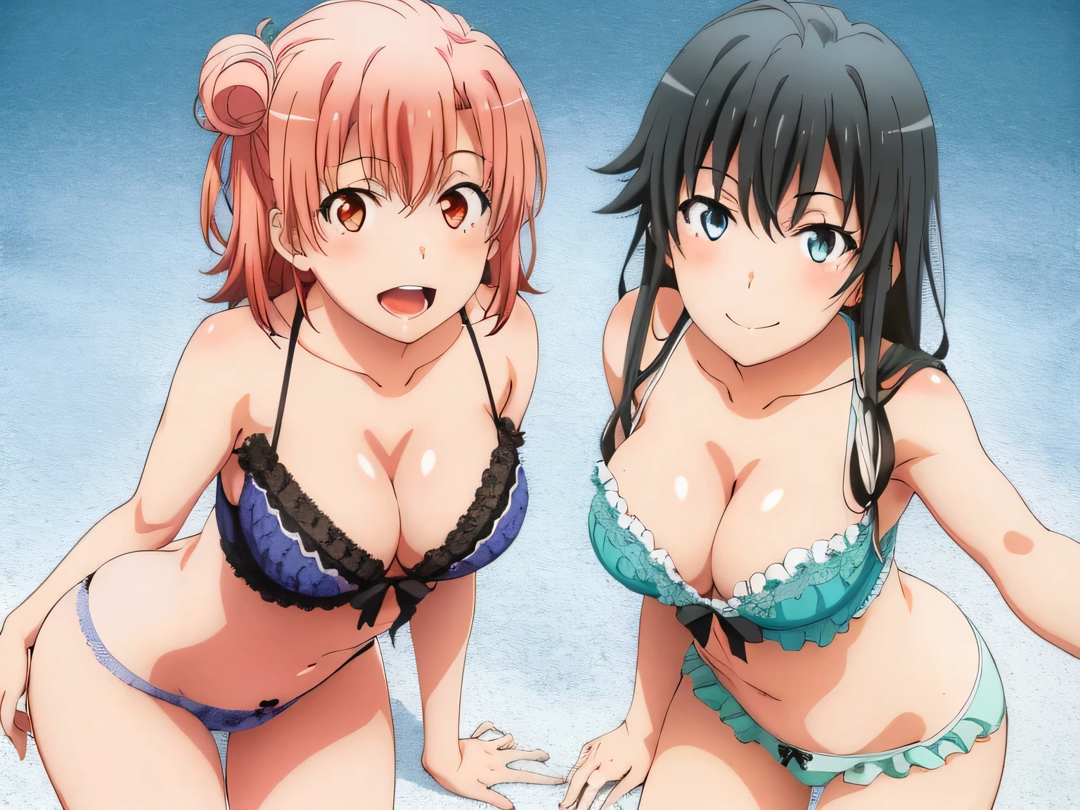 ((2 girls:1.0)), (Yuigahama Yui shapely breasts),(Yukinoshita Yukino),pin up,yellow frilly underwear,light blue lace underwear,(beautiful string panties),thighs ,front,looking at camera,(high angle),smile,open your mouth,Panoramic view of the head,beautiful eyes