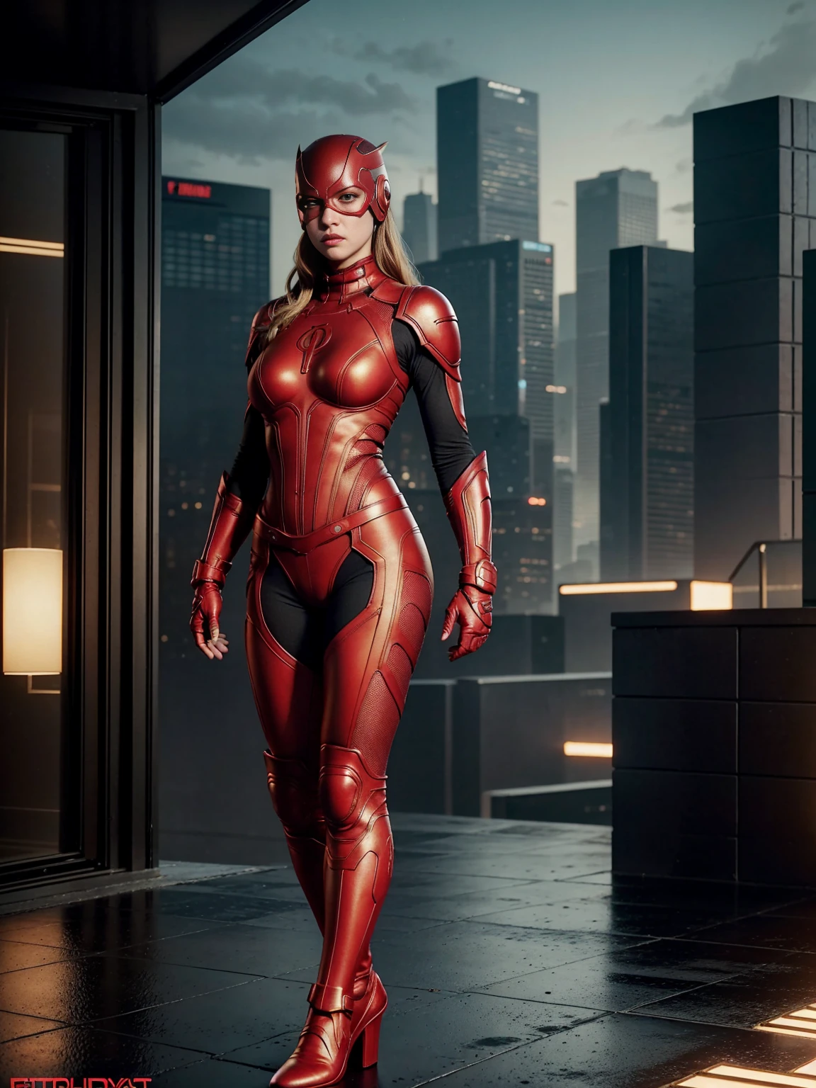 ((Full body photo,standing, feet on the ground)) Amanda Seyfried as Daredevil, wearing cyberpunk red and gold Daredevil armor, dynamic pose, cleavage, nippin, camel toe, clearly visible pubic shape, partially visible , proper eye position, detailed skin texture, natural skin, backlight, cinematic light, soft light, hips, night time, on rooftop, city background, detailed color graded background, intricate, highly detail, octane render, HD, 8k