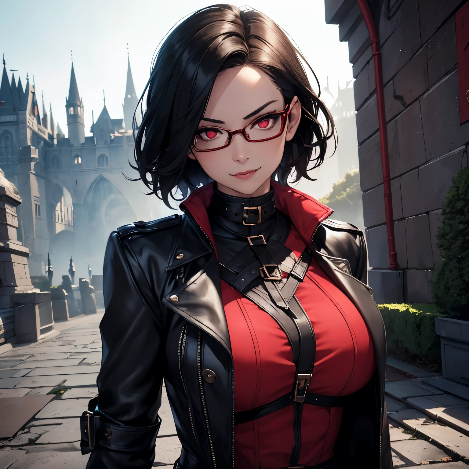 Young Female, Vampire, Black Hair, Short Hair, Red Eyes, Glasses, high-res portrait, Vibrant Colors, soft lighting, Trench Coat, Open Breast Tea, Mischievous, Gauntlets, Confident Expression, Vampire Fangs, 3D, Realistic, Hellish Landscape, HDR, Very Detailed, HD, Background, Castle, Masterpiece