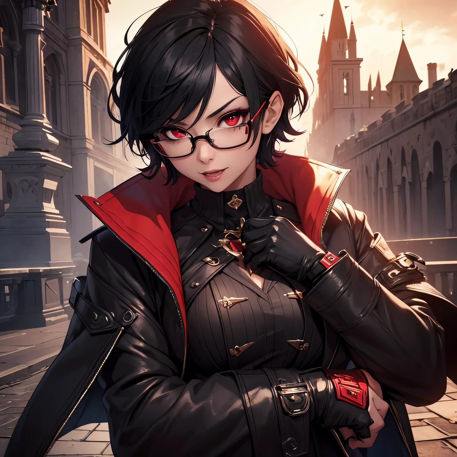 Young Female, Vampire, Black Hair, Short Hair, Red Eyes, Glasses, high-res portrait, Vibrant Colors, dark lighting, sinister, Trench Coat, Jeweled Necklace, Open Breast Tea, Mischievous, Gauntlets, Confident Expression, Vampire Fangs, 3D, Realistic, HDR, Very Detailed, HD, Background, Masterpiece