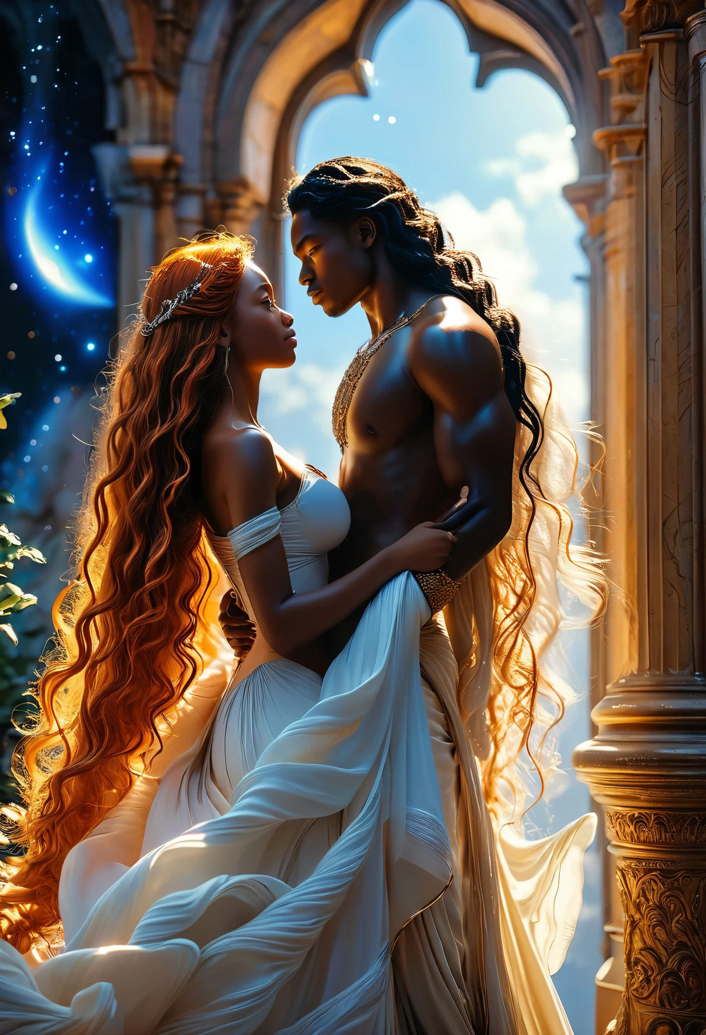 Passionate ((((tan skinned))) couple in a celestial landscape, young dark-skinned couple in their 20s, (((teen couple:1.5))), a ((((tan skinned))) man and a ((((tan skinned))) woman, he is a celestial young duke with long hair, he holding a (darkskin ((ginger long haiir:1.5))) beautiful woman, she is pregnant, she is a celestial warrior, a man holding a woman in romantic way, Full body, 8K, extremely detailed, high quality, (photorealistic:1.37), Full body, ideal proportions and defined complexion, meticulously crafted features, unreachable beauty, perfection, breathtaking elegance, g curves, goddess-like figures, divine symmetry, artistic masterpieces, vivid realism, hyper-detailed sculptures, life-like forms, truly awe-inspiring, impeccable craftsmanship, pure radiance, ethereal beauty, delicate contours, striking poses, sublime beauty, subtle nuances, dynamic compositions, vibrant colors, perfect lighting, soulful expressions, celestial aura, majestic presence, dreamlike atmosphere, unmatched gdetailed octane render trending on artstation, 8 k artistic photography, photorealistic concept art, soft natural volumetric cinematic perfect light, chiaroscuro, award - winning photograph, masterpiece, perfect composition, beautiful detailed intricate insanely
