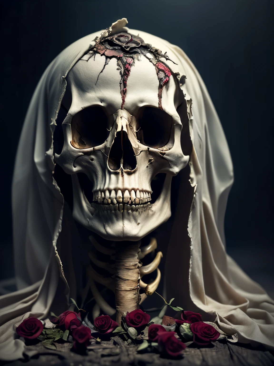 (best quality,highres,masterpiece:1.2),ultra-detailed,scary dark skull wearing a head covering, gothic style, eerie atmosphere, creepy shadows, bone-chilling, haunting, sinister, macabre, mysterious, black and white, low-key lighting, dramatic contrast, misty background, texture of decaying wood, cracked surface, aged and weathered appearance, skull with intricate engravings, intricate detailing of the head covering, detailed eye sockets, long curly hair draped over the skull, subtle hints of red, black roses, ethereal glow, hauntingly beautiful