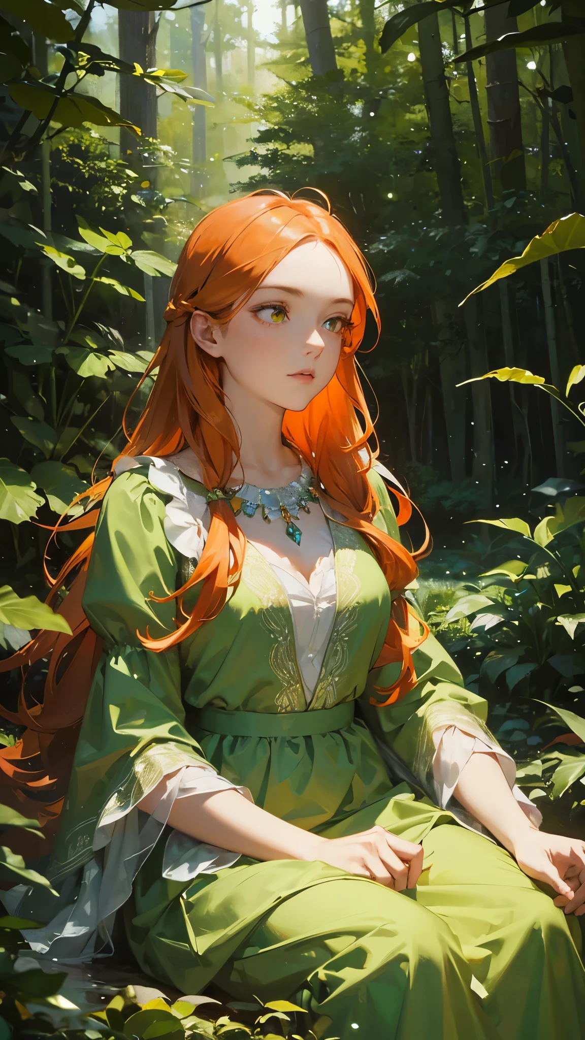 Create a mesmerizing digital painting depicting the serene beauty of an enchanted forest scene. In the center of the scene, portray a young beautiful woman sitting on a wood, with flowing orange hair, beard, ((green eye)), wearing a cool crystal dress. Capture her graceful presence as she interacts with the natural elements around her, infusing the forest with an aura of tranquility and magic.