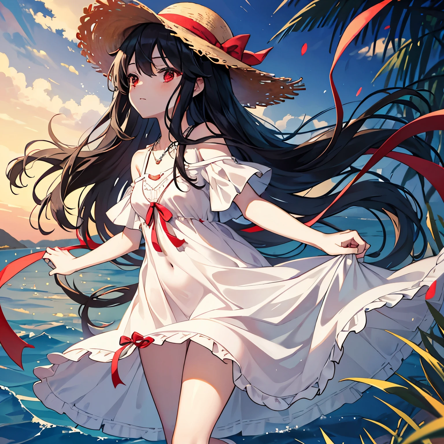 straw hat, blissful, -yeld, sous look, standing, looking back, long hair, black hair, red eyes, droopy eyes, fair skin, underweight, dress, ribbon, necklace, teenager