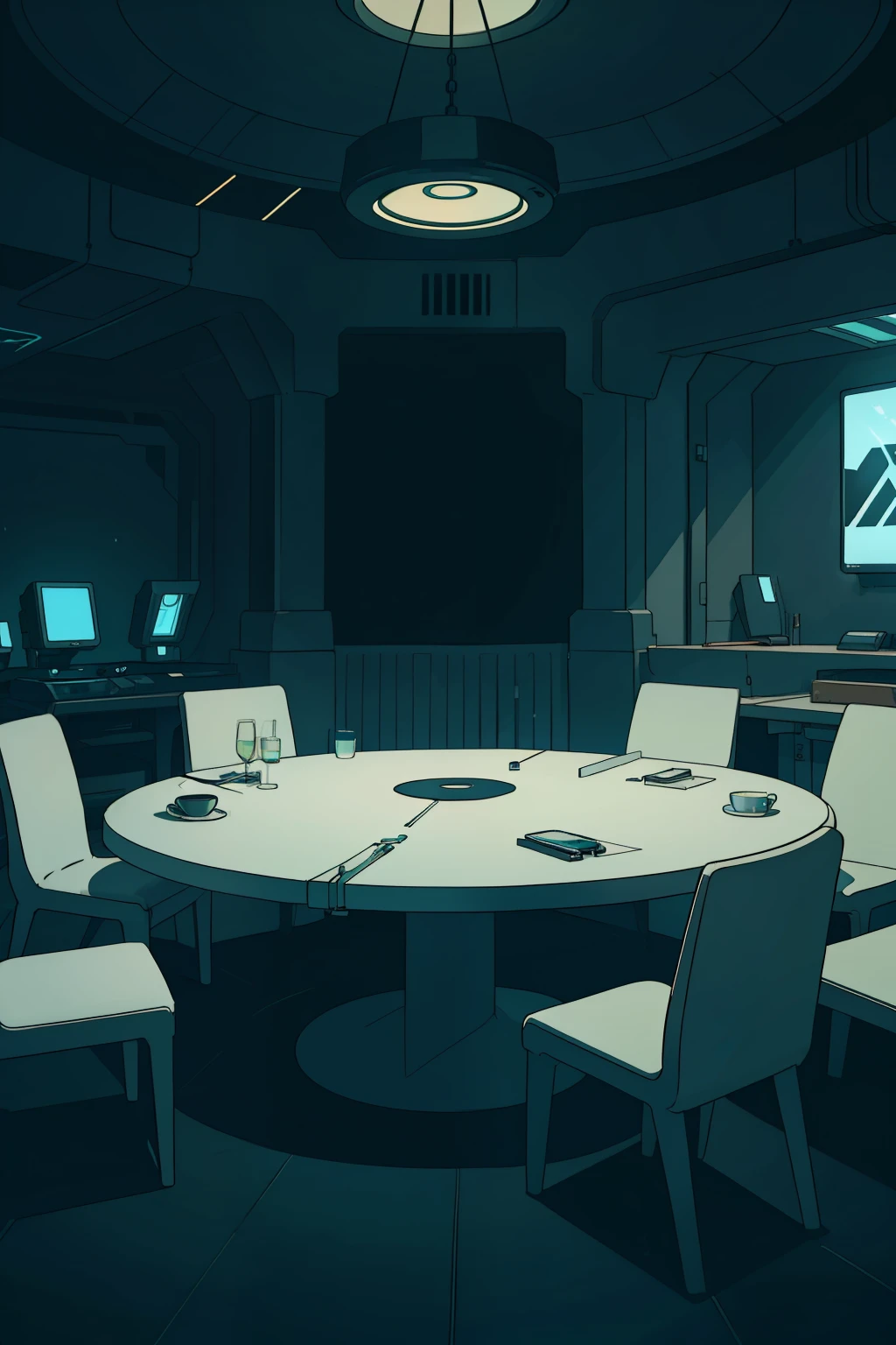 In the heart of a clandestine government establishment, a circular table with the label "05 Council" sits at the center of a dimly lit room. The table, polished to a high sheen, exudes an air of importance and secrecy. The surrounding walls are adorned with advanced technology and complex machinery, humming softly with an undercurrent of power. The ambiance is one of stealth and intrigue, enhanced by the muted glow of fluorescent lights and artistic, 2D shadows cast by the machinery. The setting has a sleek, futuristic yet lo-fi vibe, reminiscent of a City Pop Style Art aesthetic. The round table is meticulously detailed