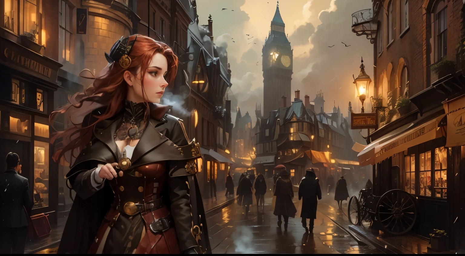 London street in the late 1800s, but with a steampunk twist. Think towering clockwork buildings with smokestacks puffing out steam, gaslight lamps casting an orange glow, and airships gliding silently overhead. Cobblestones slick with rain reflect the gaslight and bustling activity. Character: A beautiful woman with an air of confidence and purpose. Describe her distinct features and steampunk attire. Here are some options: Crimson hair cascading down her shoulders, adorned with gears and a miniature brass monocle perched on one eye. Dressed in a long, flowing coat of worn leather, accented with polished brass buckles and intricate clockwork patterns woven into the fabric. Goggles rest on her forehead, and sturdy riding boots with built-in steam pistons propel her bicycle