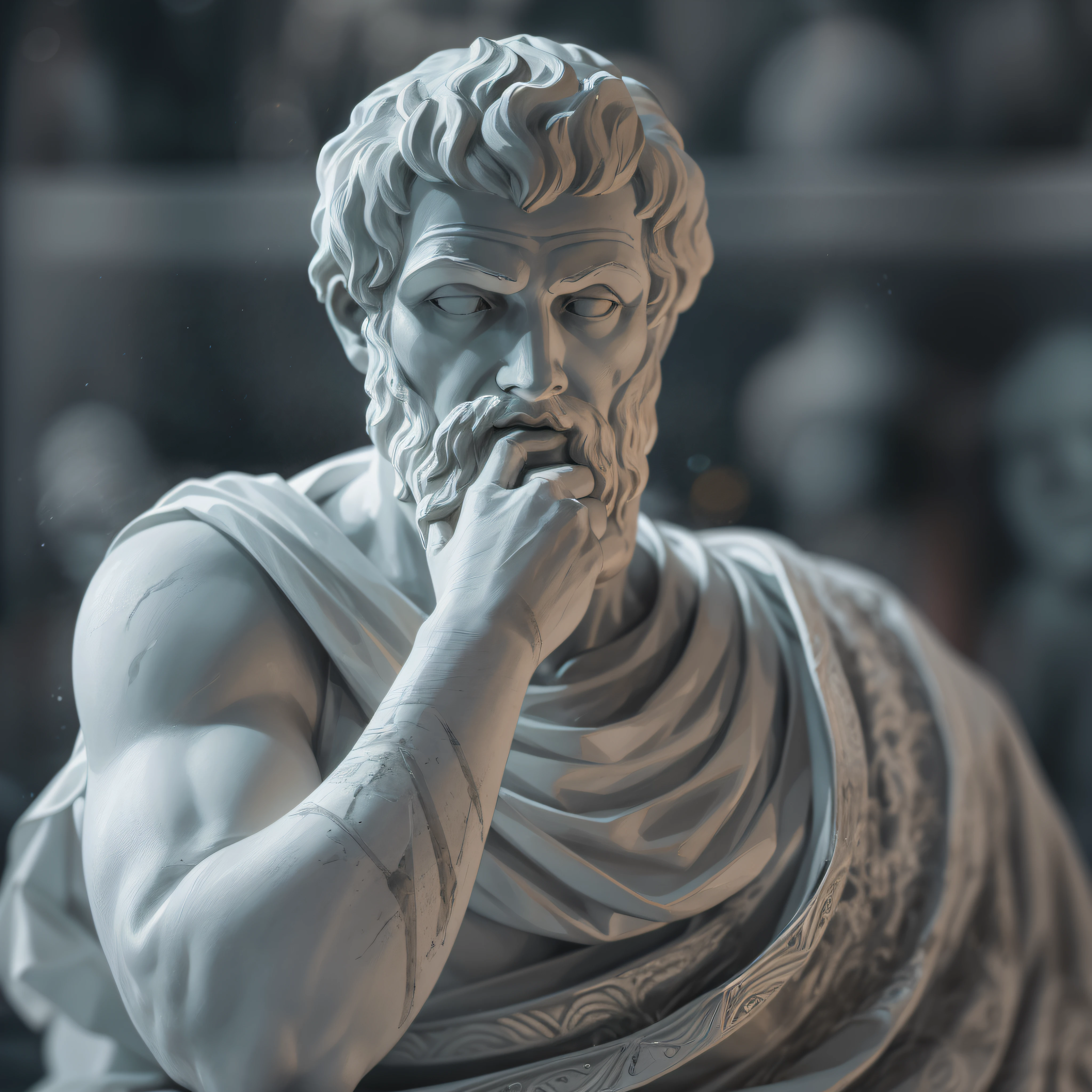 A realistic Greek white marble statue of the thoughtful and courageous Aristotle, detailed wearing a ghostly toga, fundo neutro, Temperamental, , fotorrealista, jantar de cinema atencioso, super detalhada, Hiper realista, luzes brilhantes, 8k