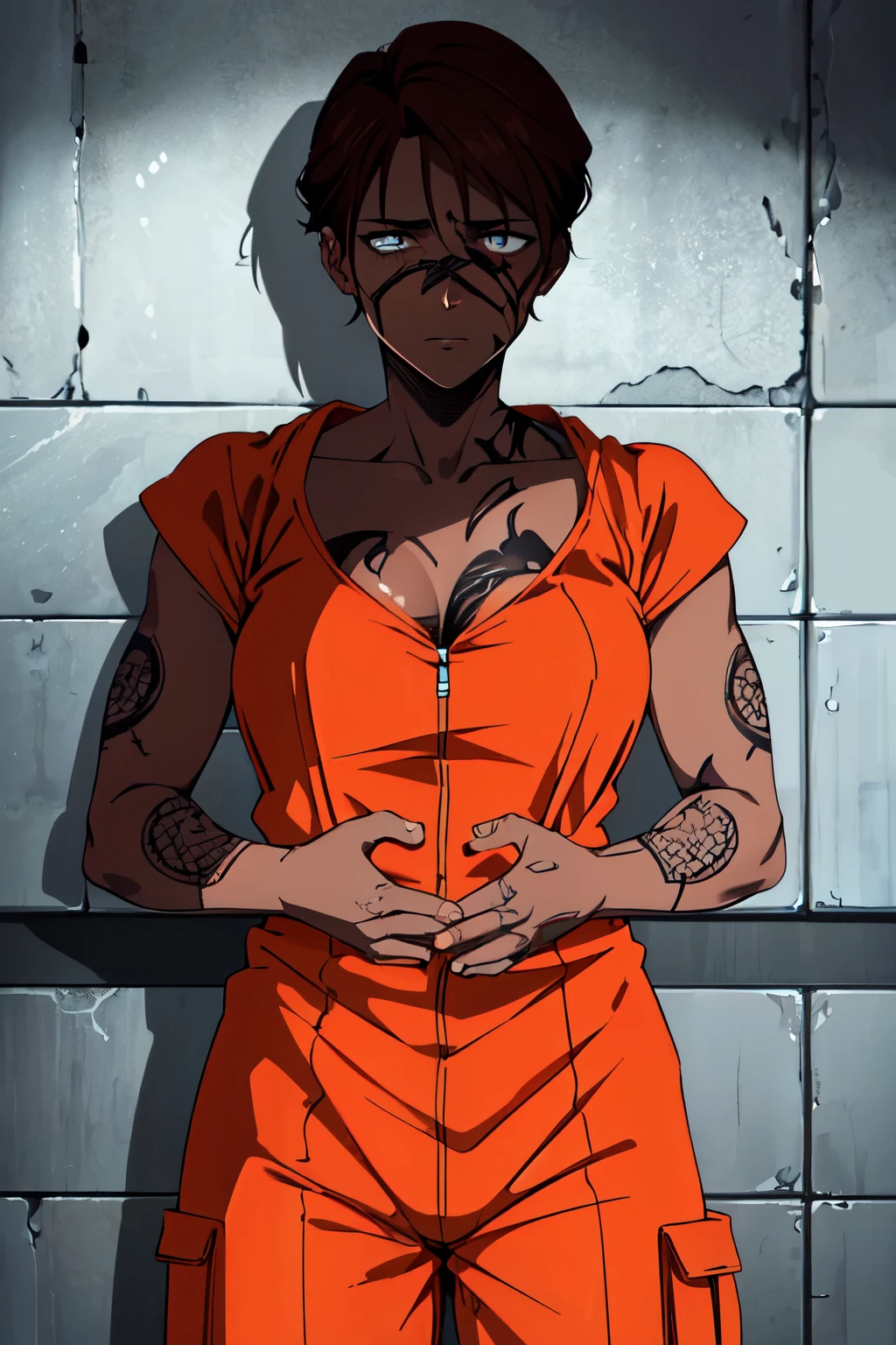 ((D-Class Prisoner, Orange jumpsuit, Character portrait, High definition, Detailed textures, Realistic shadows, Stylizedprison tattoos:1.5, brooding expression, scarred face, rough skin, chill in the atmosphere, dimly lit cell, metal bars in the background, Intense, Expressive, Dramatic, masterpiece:1.0))

A prisoner clad in an orange jumpsuit, with the label "D-Class" emblazoned conspicuously on the chest, poses confidently for a character portrait. The vivid image is rendered in high definition, with intricately detailed textures and lifelike shadows. The prisoner