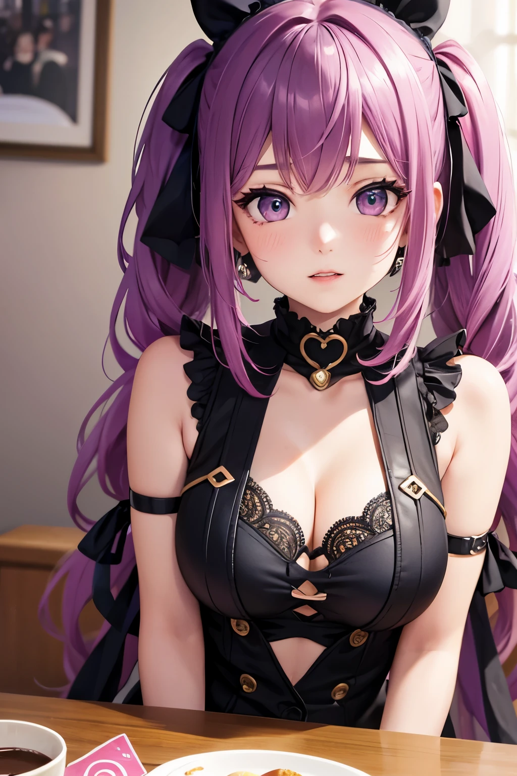 striped hair,pink twintail hair, Hello, mole under eye, mole under mouth, heart shaped eyes, long eyelashes, pink eyes, heart shaped choker、Full body Esbian、look at the audience、shy, blush, teeth, ear blush, nose blush,anime style, color field paint, ray tracing, bloom, one person'point of view, nffsw, award-winning, 16k, 最high quality, advanced details, high quality, table top, High resolution, Accurate, Super detailed