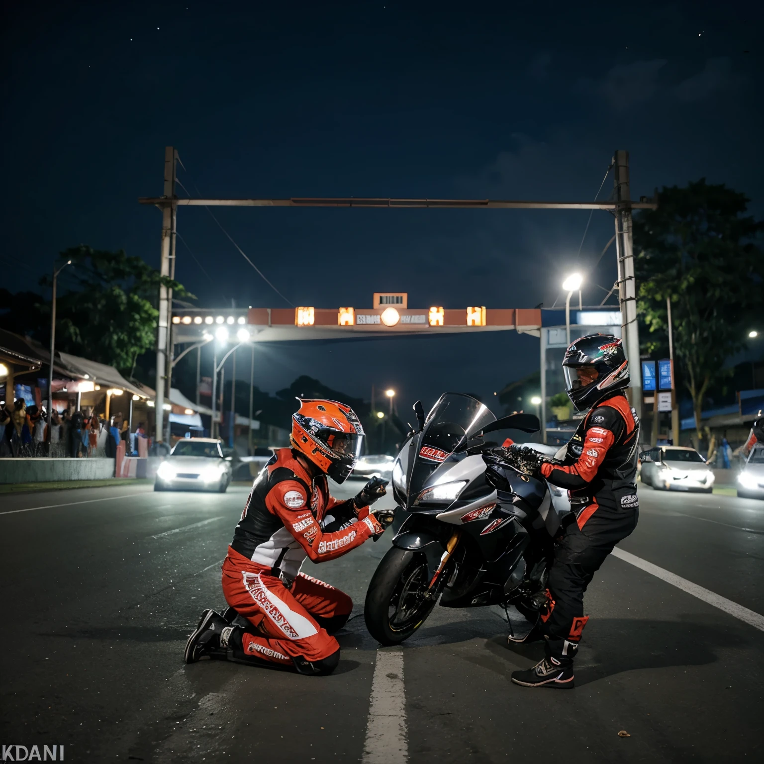 Seorang laki laki menaiki motor sport dimalam hari di kota yang sepi