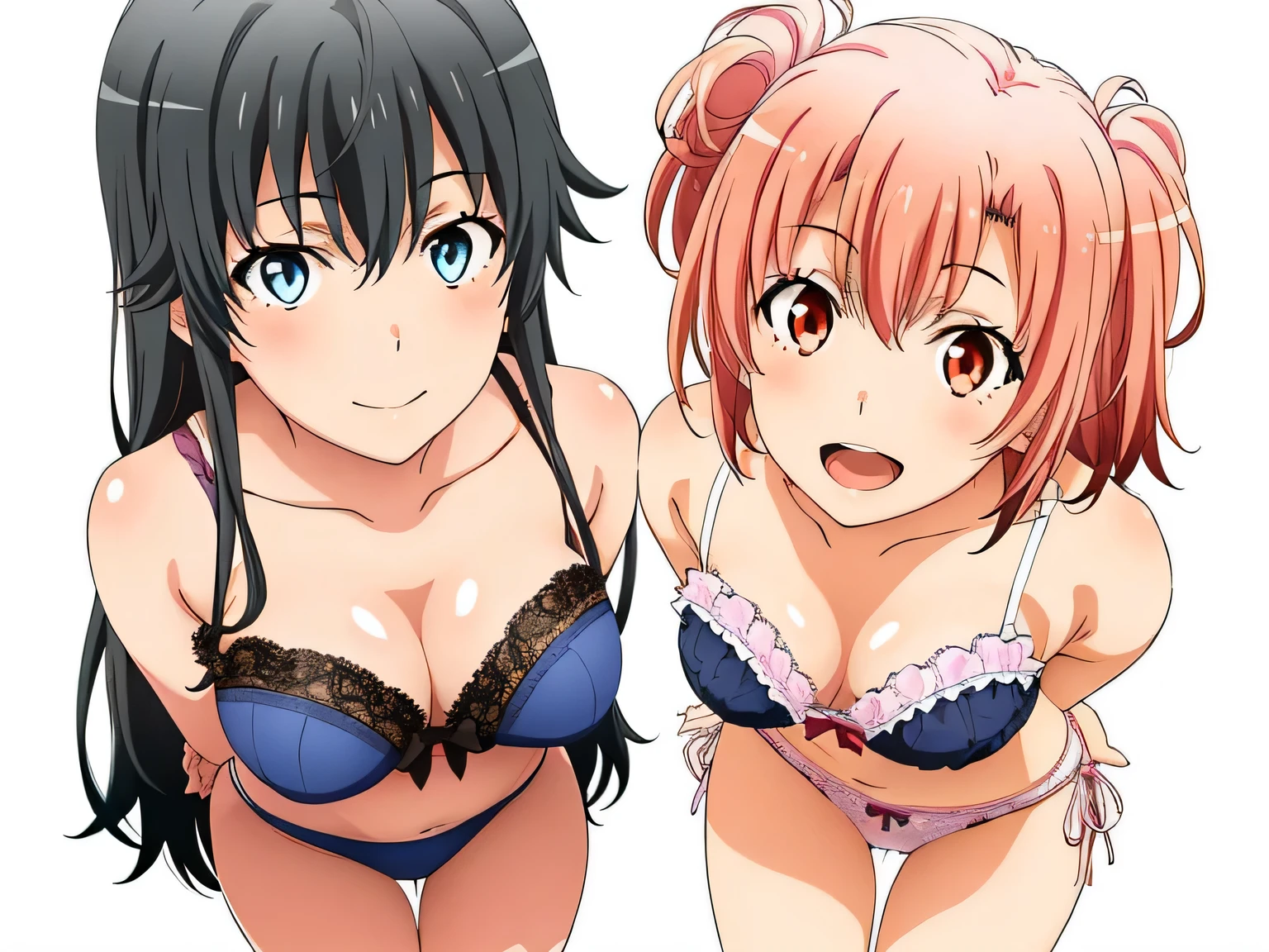 ((2 girls:1.0)), (Yuigahama Yui shapely breasts),(Yukinoshita Yukino),pin up,pink ruffle underwear,light blue lace underwear,(beautiful string panties),thighs ,knees,front,looking at camera,(high angle),smile,open your mouth,Panoramic view of the head,beautiful eyes
