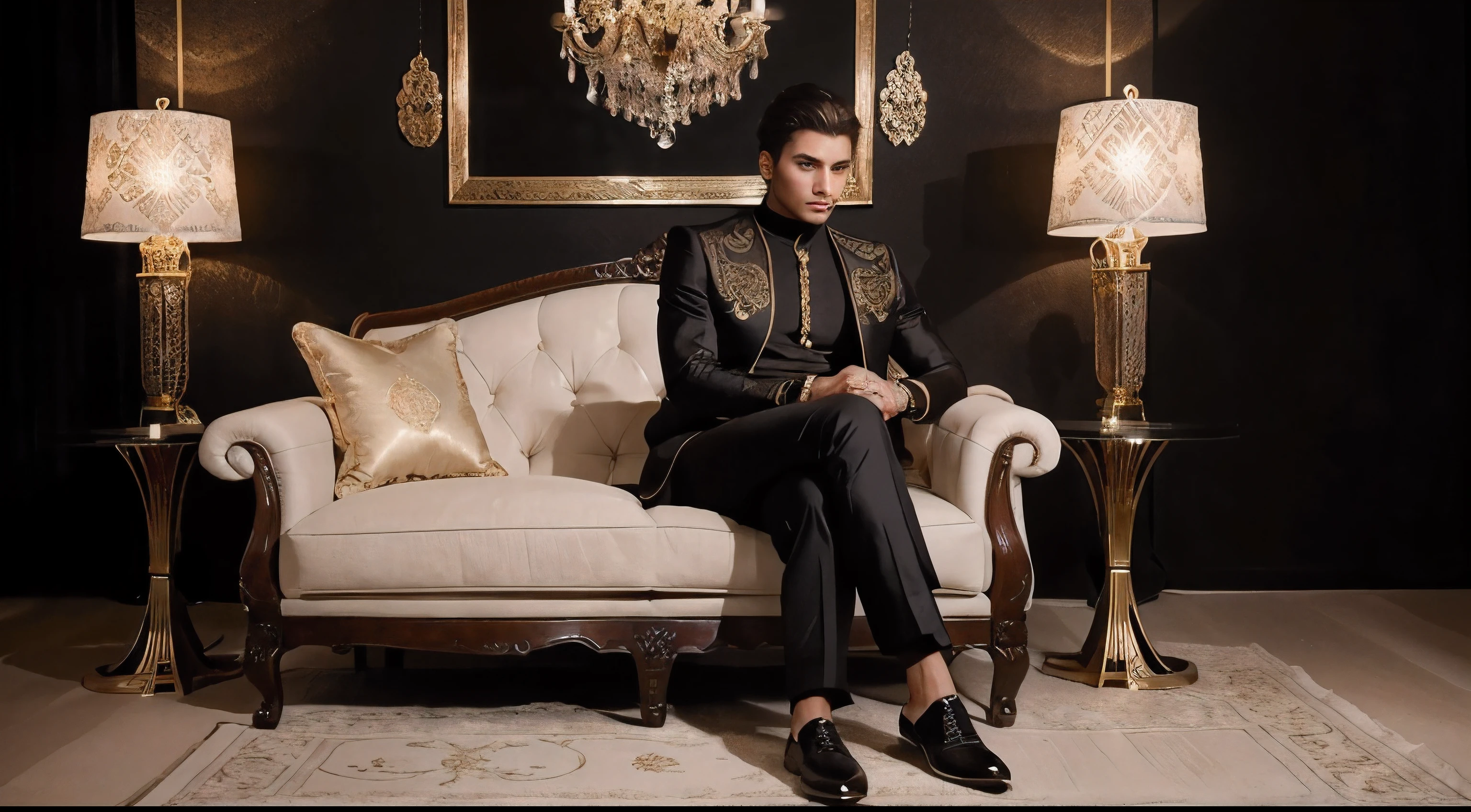 Create a luxurious and elegant background for a high-end clothing brand's website. The design should feature a sophisticated color palette of black, white, and gold, with subtle hints of intricate Mughal-inspired patterns and motifs. The background should showcase a stylish man wearing trendy streetwear, blending urban fashion with luxury aesthetics. The overall look should convey opulence, exclusivity, and a modern sense of style, perfect for a discerning clientele