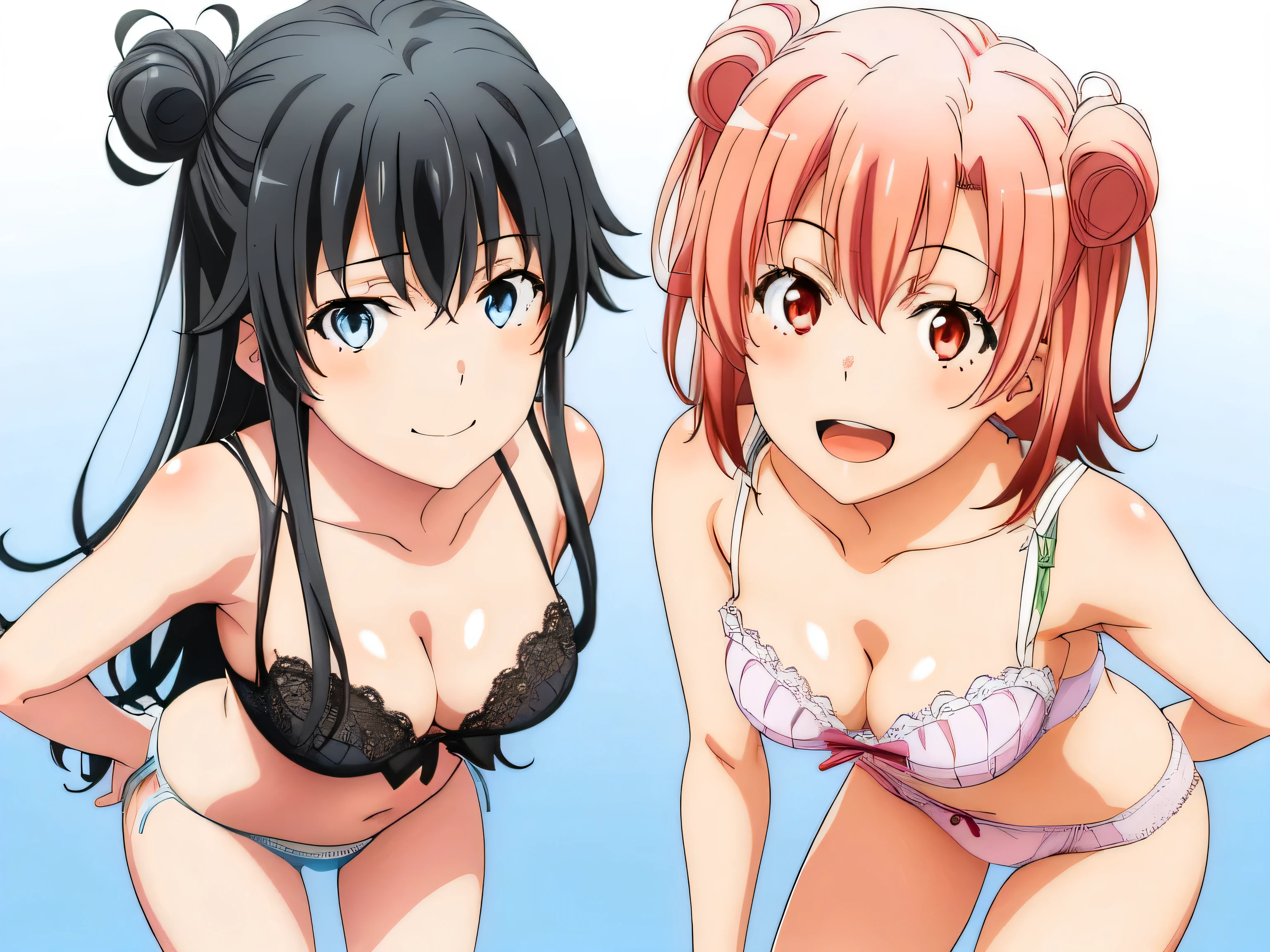 ((2 girls:1.0)), (Yuigahama Yui shapely breasts),(Yukinoshita Yukino),pin up,pink ruffle underwear,light blue lace underwear,(beautiful string panties),thighs ,knees,front,looking at camera,(high angle),smile,open your mouth,Panoramic view of the head,beautiful eyes