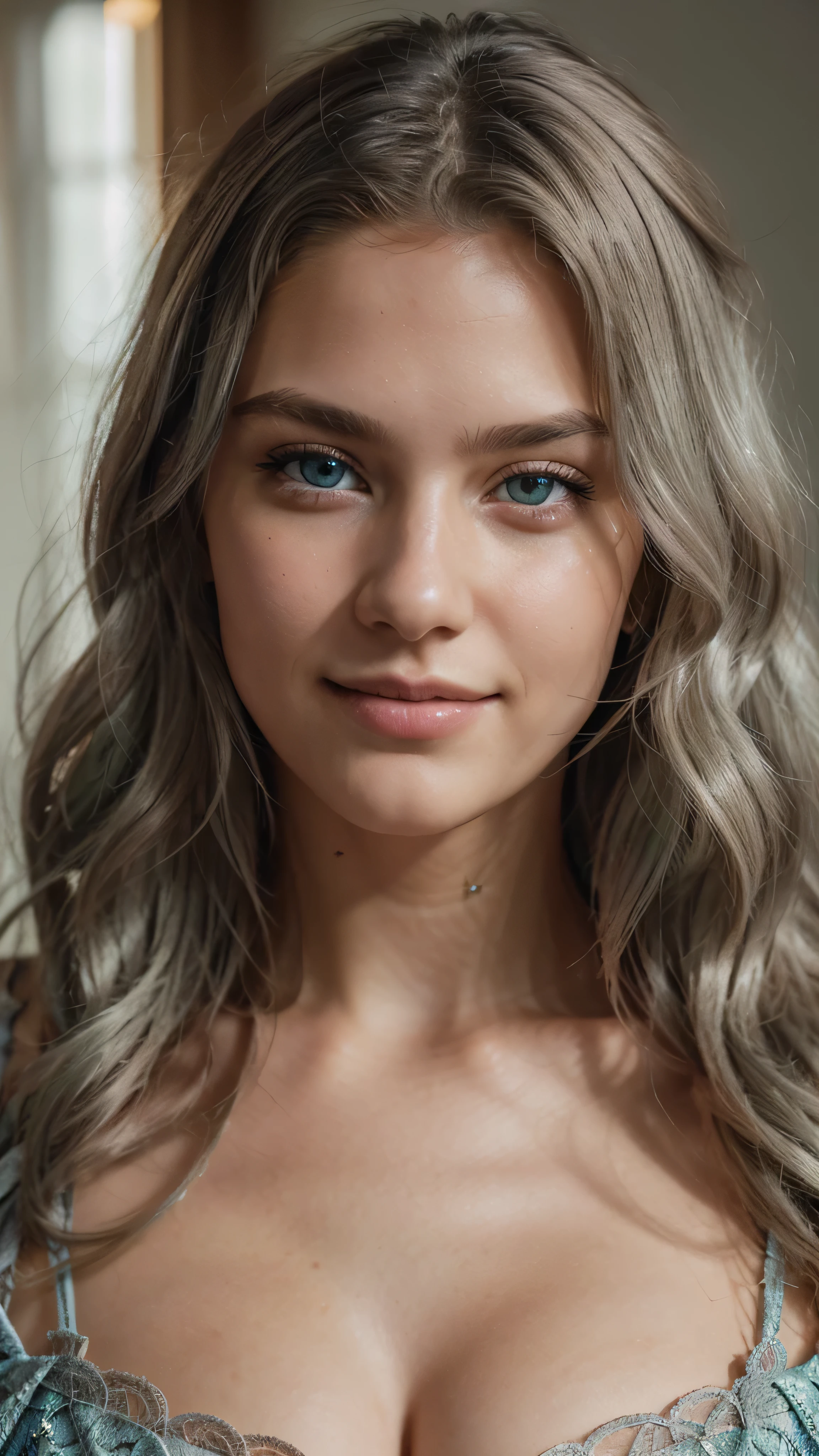 Beautiful girl, with green eyes, with light gray hair, face looking straight at the camera, full face, very detailed, 21 years old, innocent face, natural wavy hair, blue eyes, high resolution, masterpiece, best quality, intricate details, high detail, sharp focus, detailed skin, realistic skin texture, texture, detailed eyes, professional, 4k, charming smile, shot on canon, 85 mm, shallow depth of field, kodak vision color, perfect body fit, extremely detailed, foto_\(ultra\), photorealistic, realistic, post-processing, maximum detail, roughness, real life, ultra-realistic, photorealism, photography, 8k uhd, photographyю