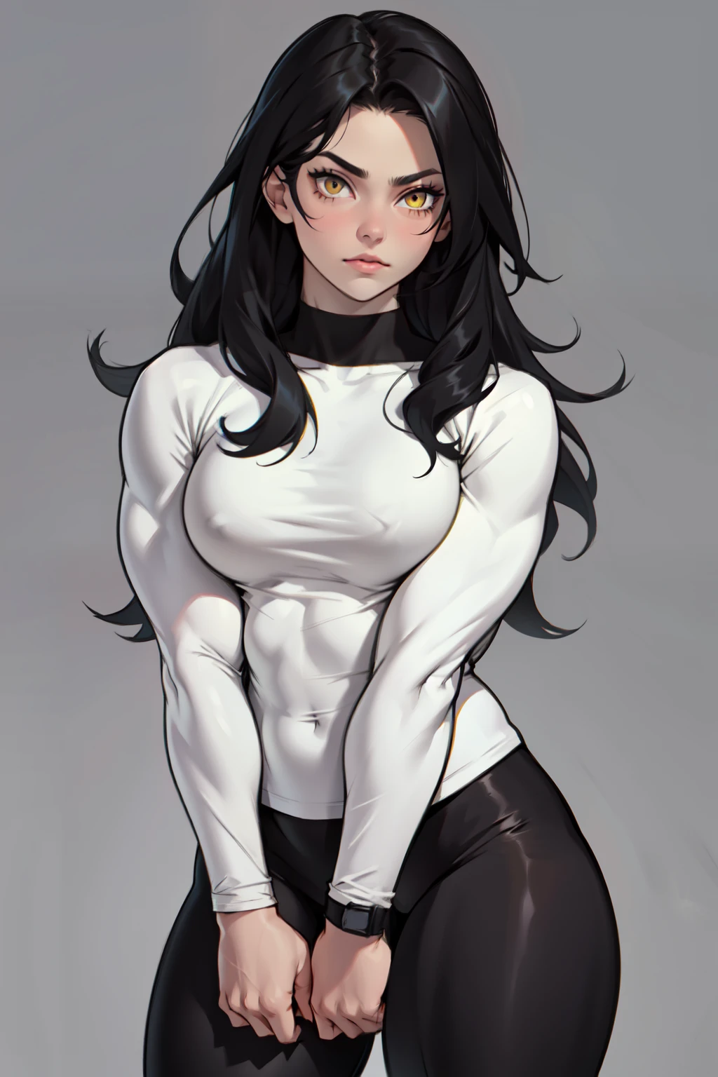girl ((1girl)) pale skin (muscular toned body thick thighs) black hair yellow eyes long hair (grey background) bodybuilder (black leggings tight long sleeve black t-shirt)