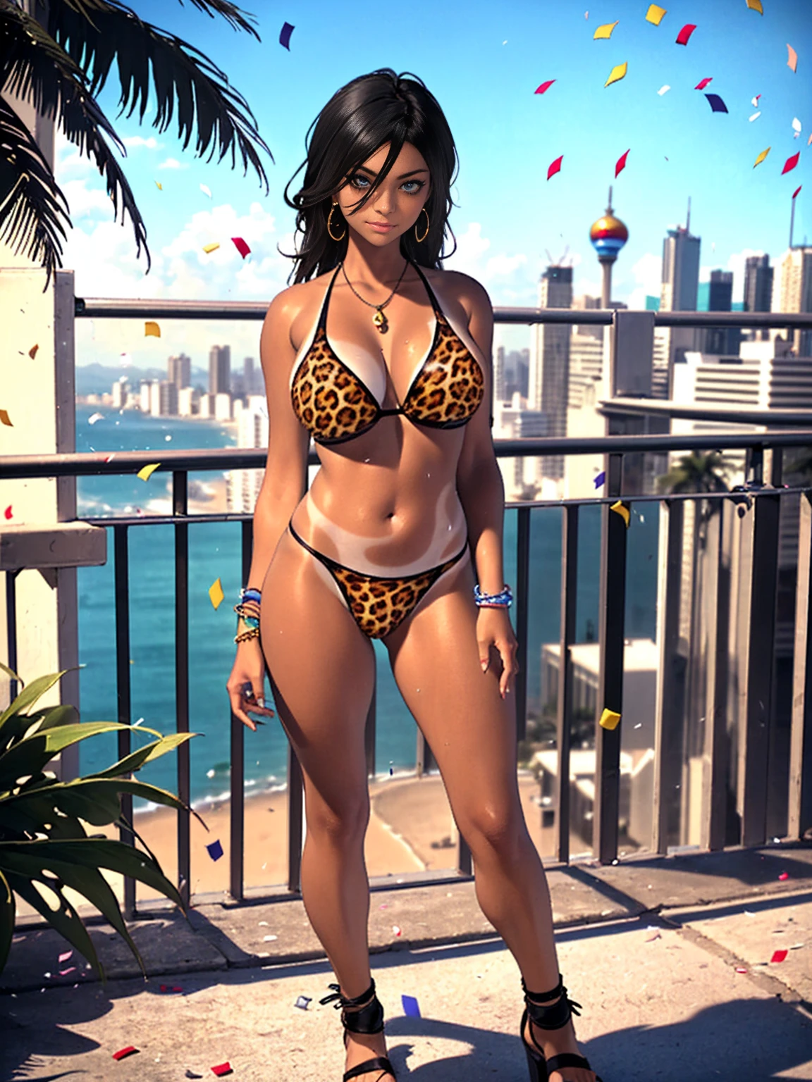 ((masterpiece, standing, best quality, (shoko_sugimoto, black eyes, long hair, black hair, standing), 1girl, ((leopard print Bikini, accessories with bracelets and anklets, confetti, streamer, Flip-flops decorated with tropical flowers complete the set. Rio de Janeiro in the background, celebrating carnival)), 1 girl, mature woman, alone, looking at the viewer, earrings, jewel, (( tanned skin))