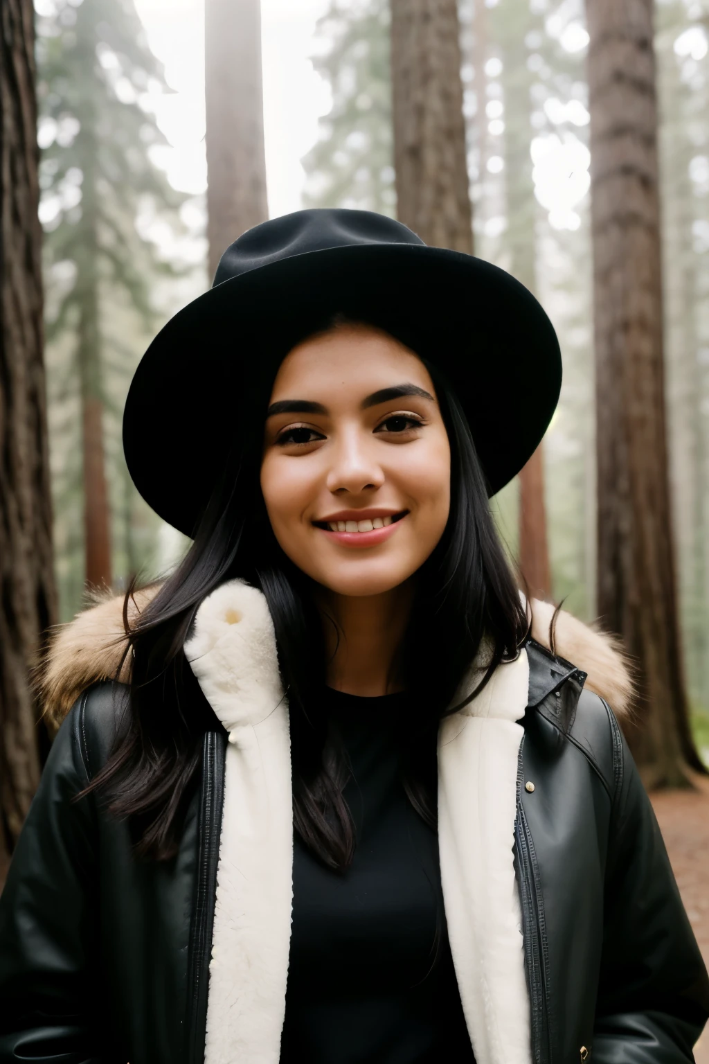 Photograph of a woman, (happy facial expression), ultra-textured leather, goosebumps, jet black hair half up and half down, faux fur lined parka with skinny jeans and hat, Group profile, tall ancient redwood trees, creating a feeling of wonder and awe, Perfect eyes, ((hard lighting:1.4)), Velvia 100 color, shot on CineStill 800T, hips, sharp focus on the subject, photographed by Manuela Marquez