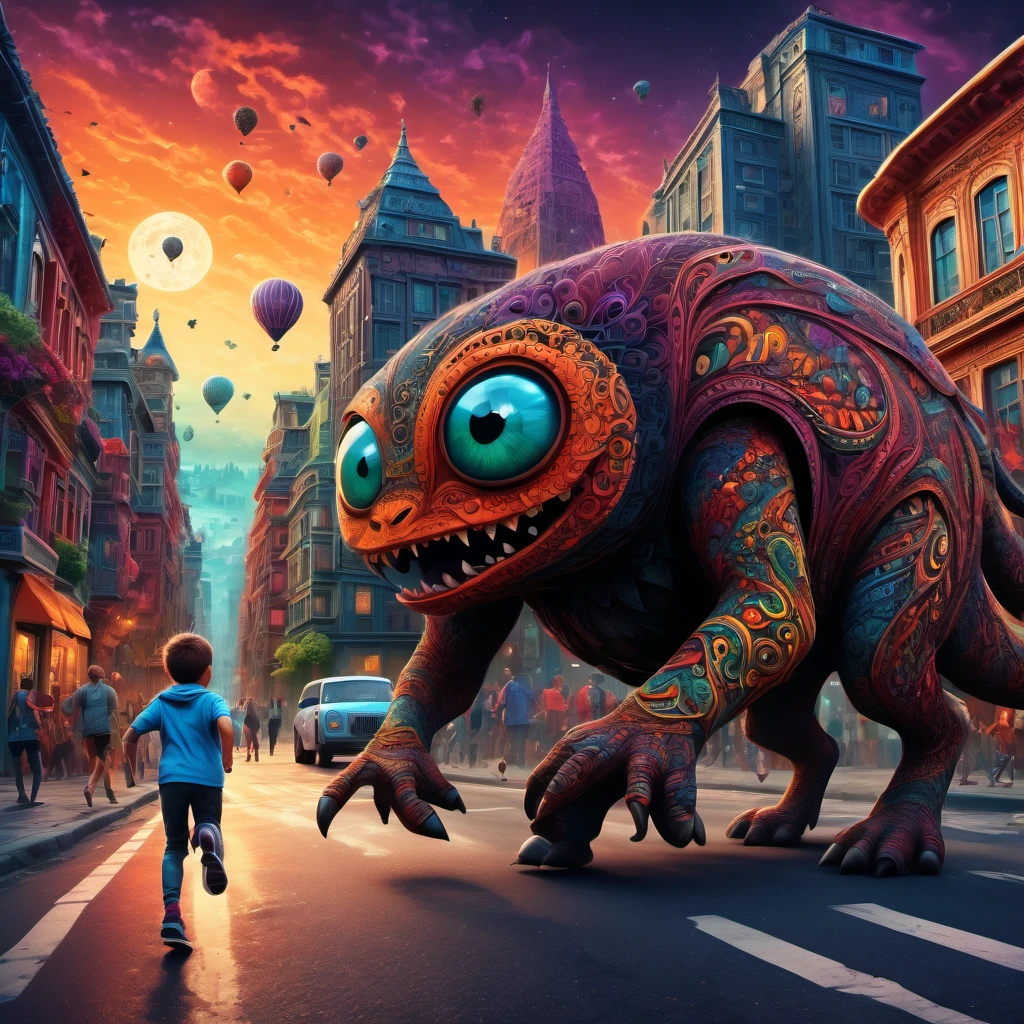 (best quality, highres, ultra sharp), magical ,giant creature of the dark, extreme bigger than buildings, breaking buildings and cars, in the street next a city, zentangle, full colored, 3d crunch, realistic feeling, terrorific scene, people running, panic, cars, buses, dark tones,