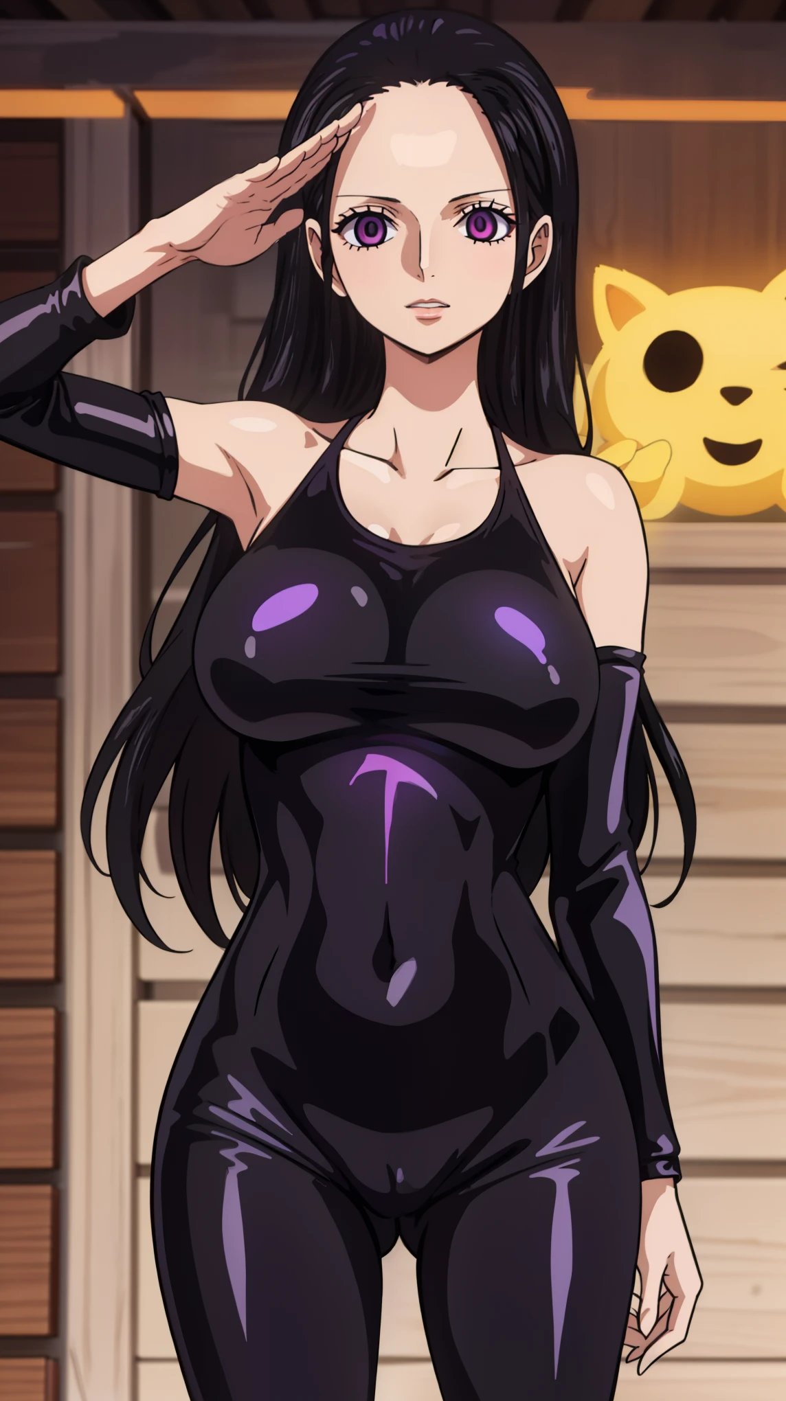 1 girl,NSFW,Nico Robin ,(one piece),clavicle, absurd, brainwashing,empty eyes,((purple glowing eyes 1.5)),  (huge breasts 1.8), No expression, emotions removed,(black latex tight bodysuit),avert your eyes , 全身shape, ((stand up, salute)),(highest quality、4k、8k、High resolution、must have:1.2)、Super detailed、(reality、reality的なです、reality的な:1.37)、ticker、hyper hd、studio lighting、ultra definition paint、sharp focus、Physically based rendering、extreme details、Professional specifications、vibrancy and color、blurry、sports portrait、landscape、horror style、anime big breasts、SF、photograph、concept artist、five fingers, perfect body,  {{{masterpiece}}}, {{{highest quality}}}, {{Super detailed}}, {shape}, {{very delicate and beautiful}},Improved cost performance、all roles、Canon 5D MK4でphotograph、photograph, 