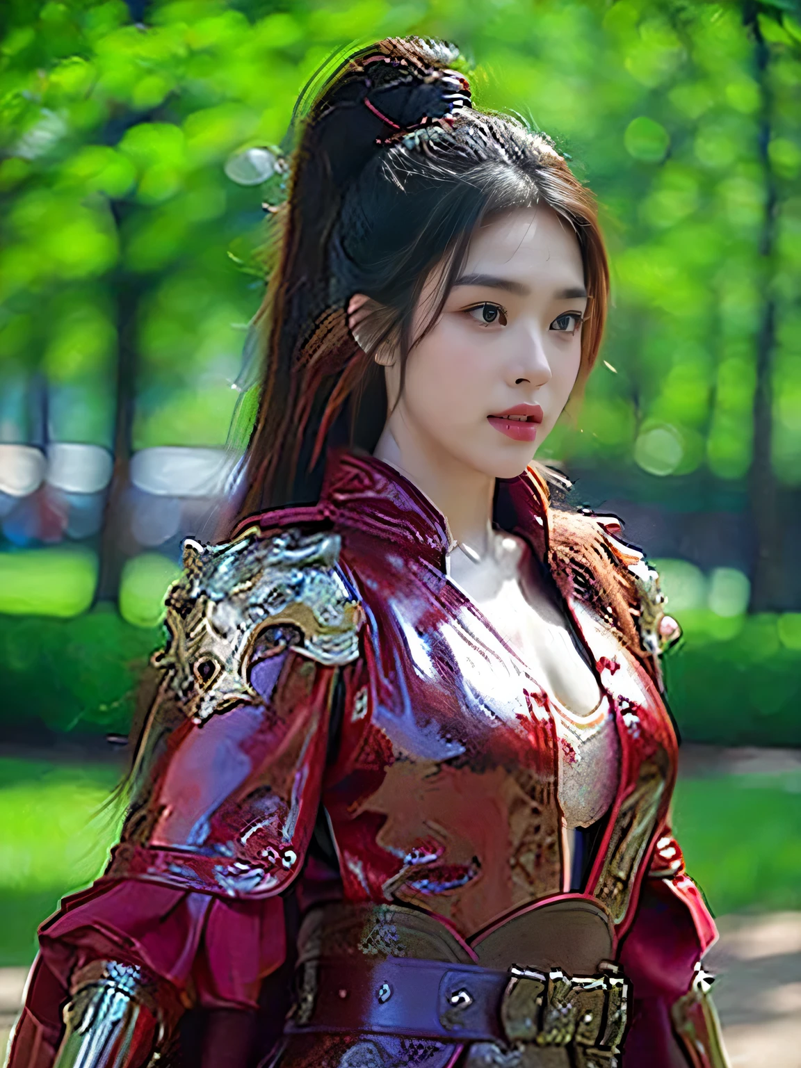 masterpiece,Best quality,HD quality,face close-up,(Detailed sculpting of eyes),Laugh,(corners of mouth raised),8K,Ancient battlefield background, ((field:1.8)),(Female generals on the battlefield in the Han Dynasty),Lead the horse,18-year-old girl,(long ponytail hairstyle),cparted lips,Full and erect breasts,Chinese architecture,red cloak,The combination of white metal and red leather,chest armor,((Cool and gorgeouig breasts)),Chest groove,Three Kingdoms character painting style,Photo pose,oc render reflection texture,Head-up shot,bright afternoon,woodland background