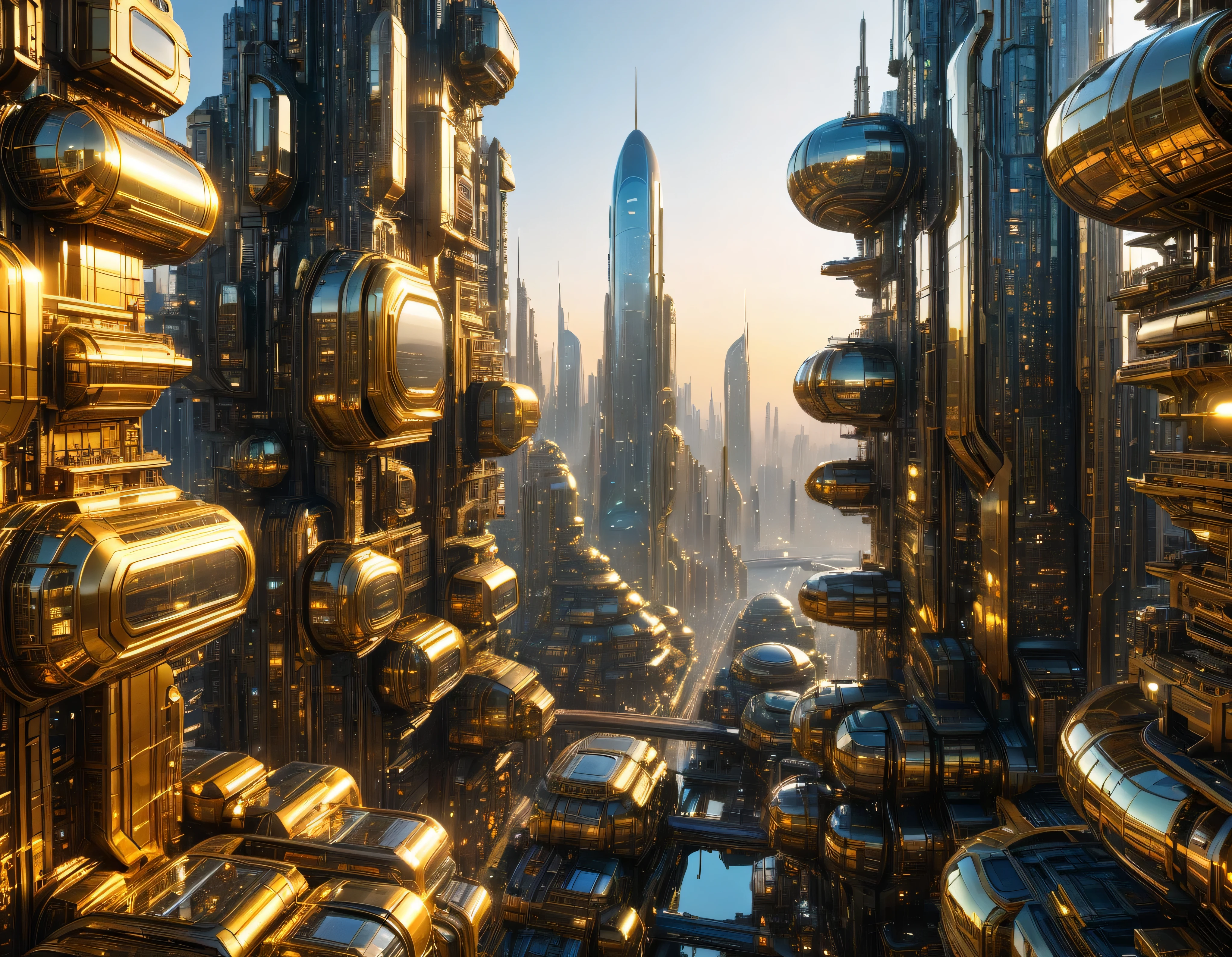 (golden hour lighting), megacity, megalopolis of an imaginary world of science fiction and maximum fantasy, con inmensos edificios ovalados , rascacielos y dodecaedricos agrupados de metal y cristal donde predomina el oro. imagen bien definida 8k, (intrincados detalles de la maquina), con muchos edificios juntos.(obra maestra de superior calidad).(imagen fotorrealista), nitidez absoluta hasta el fondo