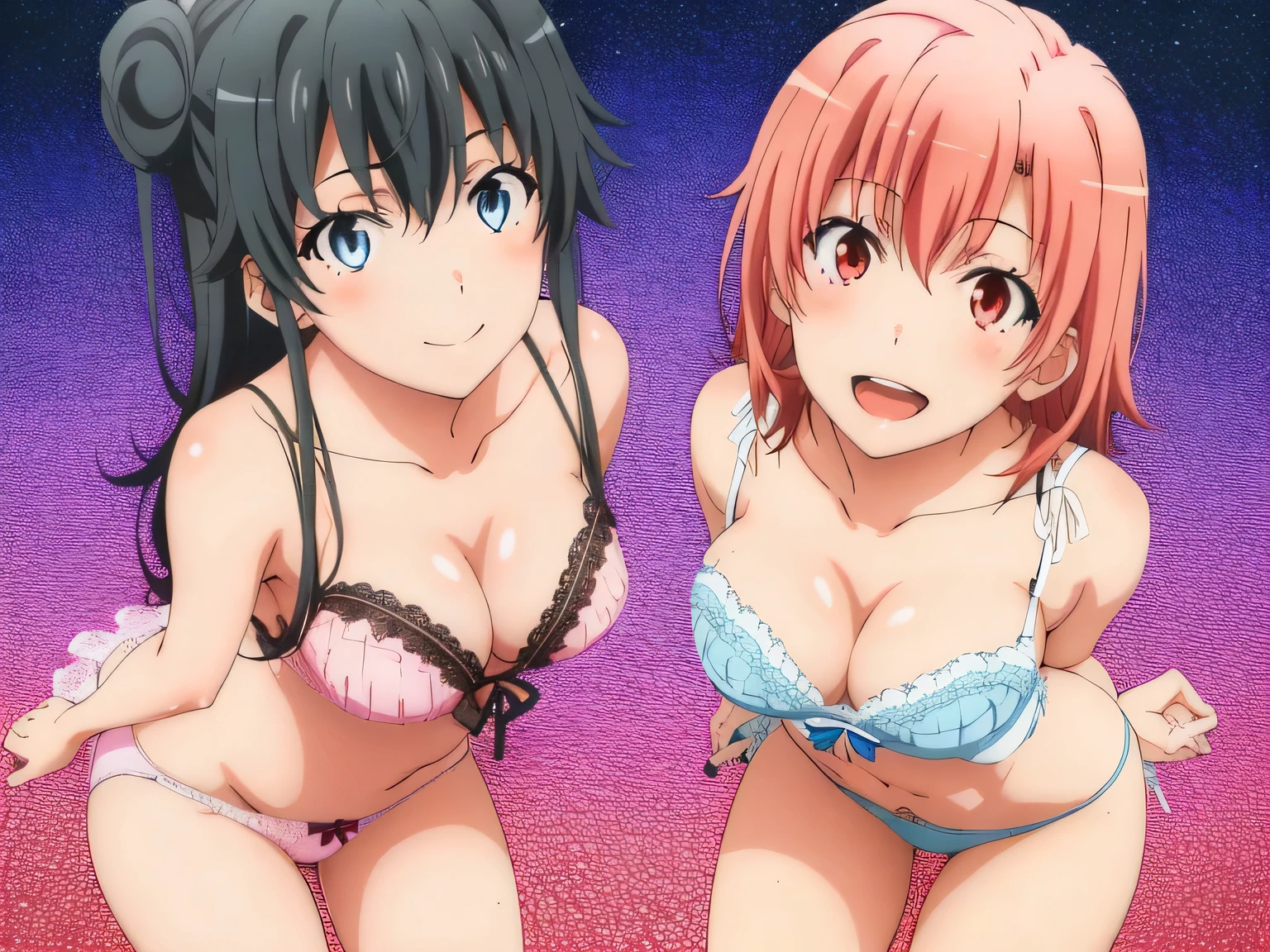 ((2 girls:1.0)), (Yuigahama Yui shapely breasts),(Yukinoshita Yukino),pin up,white frilly underwear,pink lace underwear,(beautiful string panties),streaks,thighs ,knees,front,looking at camera,(high angle),smile,open your mouth,Panoramic view of the head,beautiful eyes