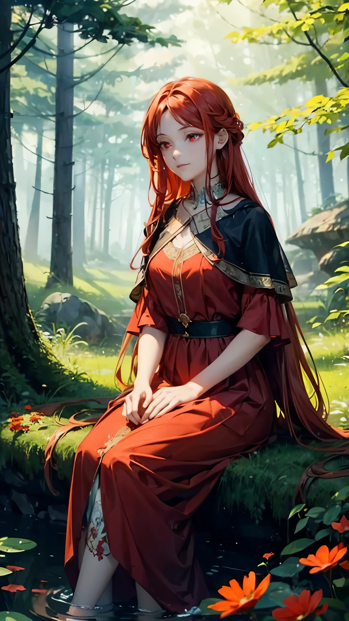 Create a mesmerizing digital painting depicting the serene beauty of an enchanted forest scene. Red flowers everywhere. In the center of the scene, portray a young beautiful woman sitting on a wood, with flowing orange hair, beard, ((red eye)), wearing a cool crystal dress. Capture her graceful presence as she interacts with the natural elements around her, infusing the forest with an aura of tranquility and magic.