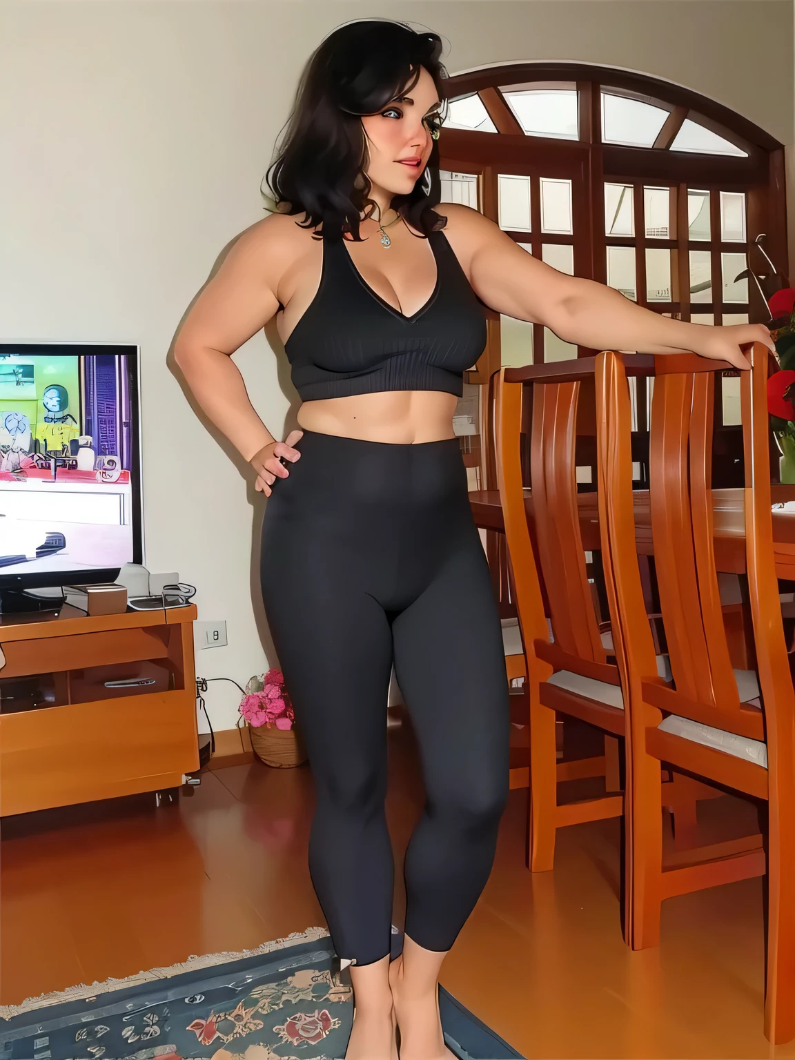 there is a woman standing on a rug in a living room, vestindo roupas pretas justas, preto, legging preta, elastano preto, 3 Brazilian mother of 5 years, traje apertado, roupa apertada, vestindo equipamento de fitness, 40 anos, vestindo roupas simples e justas. Uma mulher de pele branca e cabelos escuros. Ela tem cerca de 35 anos. Seus slightly plump lips e vermelhos são como uma flor delicada, seus olhos castanhos escuros, grandes e charmosos parecem conter um mundo de maravilhas. Corpo fino. Cintura fina. Your body exudes glamor and your face is the definition of beauty. teste, altamente realista, pele avermelhada, linda, slightly plump lips, batom vermelho, sorridente, feeling of lightness and joy, hiper-realismo, pele muito elaborada, olhar direto. Foto de corpo inteiro, foto clara, alta qualidade, high resolution, obra-prima, 8K.
