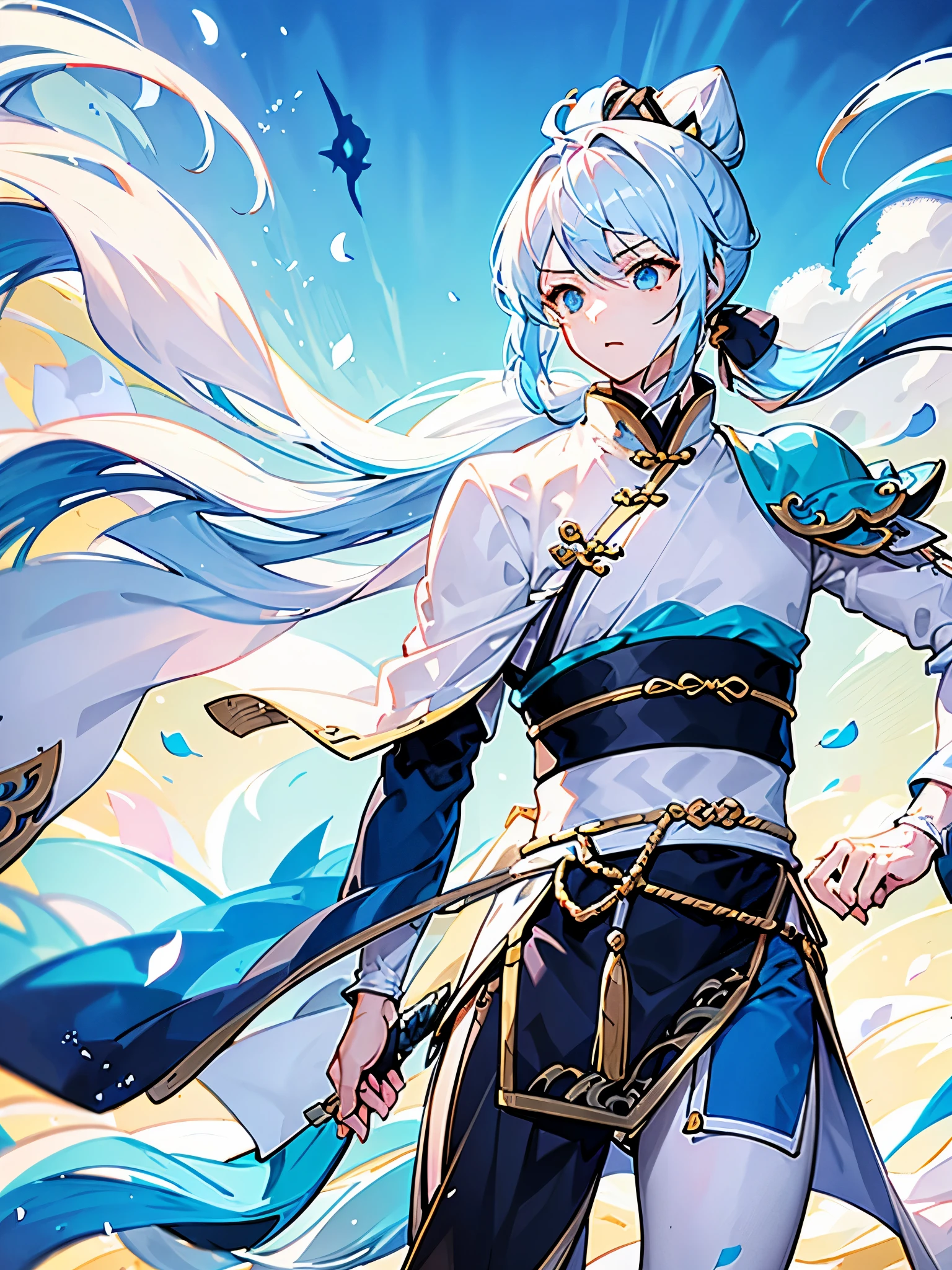 10th generation male、light blue hair、The ends of the hair are flying、Ahoge、short ponytail、blue eyes、Holds a thick and large sword、Wearing china clothes、battlefield in the background