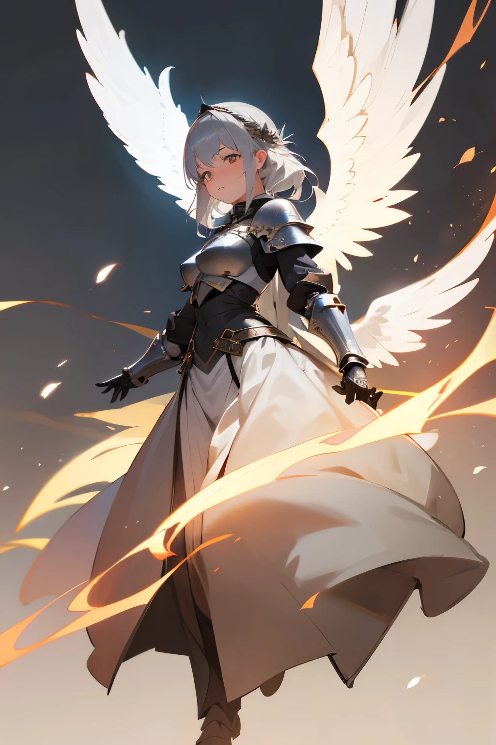 1girl, gray hair, white long angel wings, full armored, medieval, medieval city on fire background, serius face, beautiful face, full body, (detailed face)