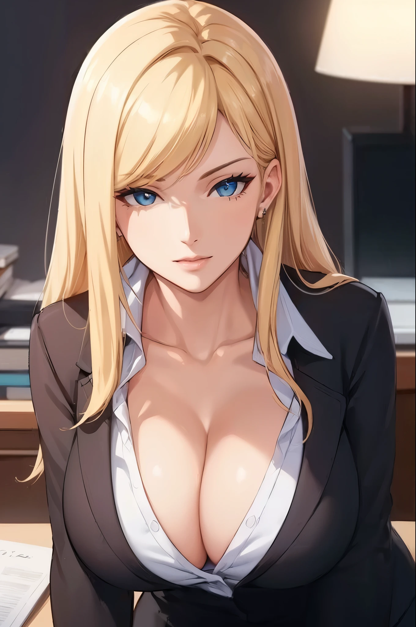 (best quality, highres), portrait, elegant mature woman, blue eyes, long hair, swept-side bang, [[brown hair]], (blonde hair), ultra detailed cg 8k, beautiful, high resolution 8k