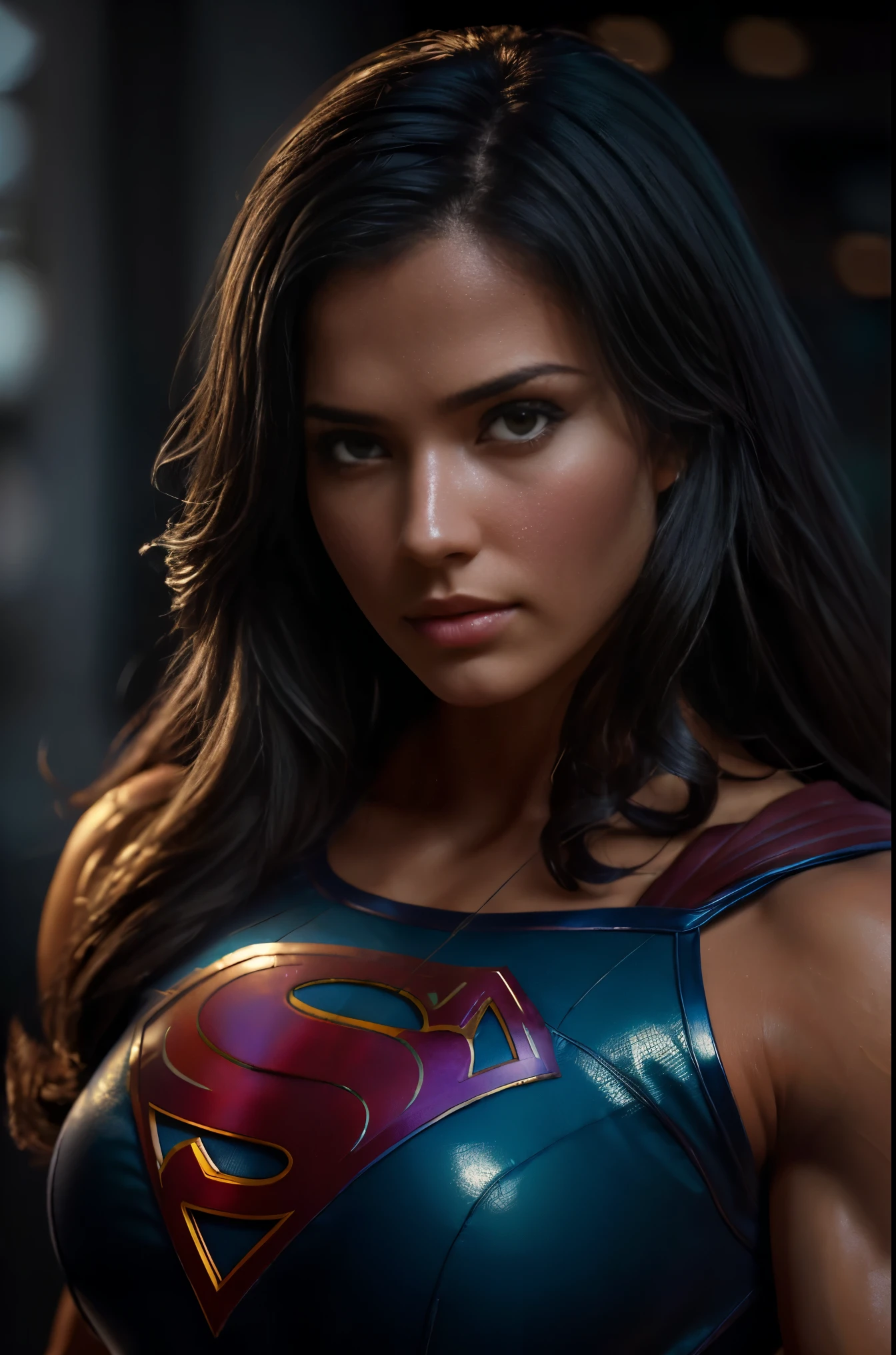 (dark shot:1.4), 80mm, a beautiful heavily muscled iffb pro female brunette bodybuilder, dressed as supergirl, (natural skin texture, hyperrealism, soft light, sharp), (intricate details:0.9), (hdr, hyperdetailed:1.2), soft light, sharp, exposure blend, medium shot, bokeh, (hdr:1.4), high contrast, (cinematic, teal and orange:0.85), (muted colors, dim colors, soothing tones:1.3), low saturation, (hyperdetailed:1.2), (noir:0.4)  