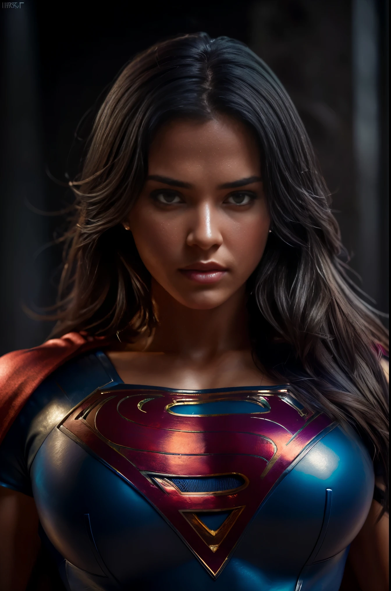 (dark shot:1.4), 80mm, a beautiful heavily muscled iffb pro female brunette bodybuilder, dressed as supergirl, (natural skin texture, hyperrealism, soft light, sharp), (intricate details:0.9), (hdr, hyperdetailed:1.2), soft light, sharp, exposure blend, medium shot, bokeh, (hdr:1.4), high contrast, (cinematic, teal and orange:0.85), (muted colors, dim colors, soothing tones:1.3), low saturation, (hyperdetailed:1.2), (noir:0.4)  