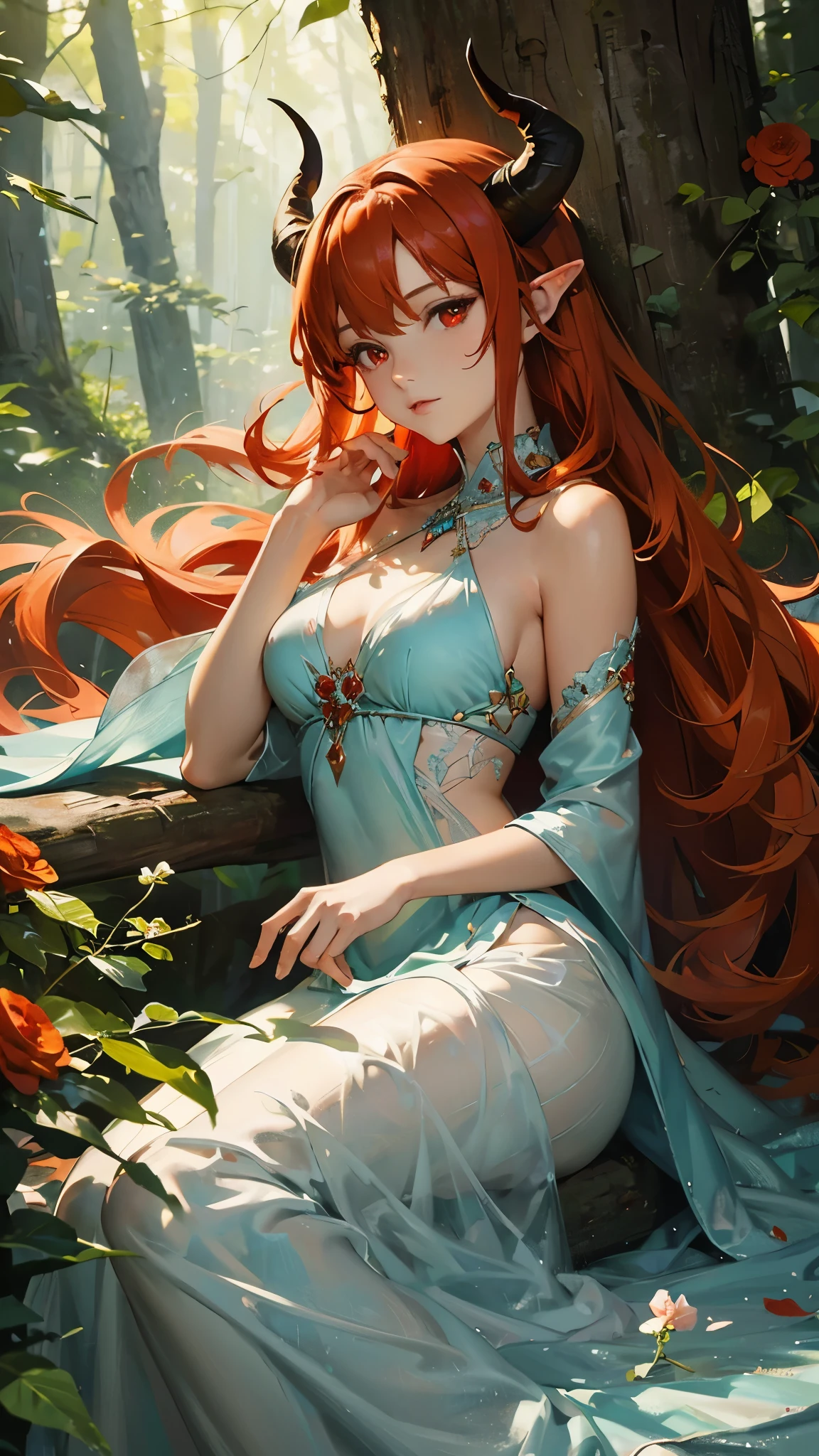 Create a mesmerizing digital painting depicting the serene beauty of an enchanted forest scene. Red flowers everywhere. In the center of the scene, portray a young beautiful woman sitting on a wood, ((perfect figure)), (medium breasts), with flowing orange hair, ((she has horns on her head)), ((red eye)), wearing a cool crystal dress. Capture her graceful presence as she interacts with the natural elements around her, infusing the forest with an aura of tranquility and magic.