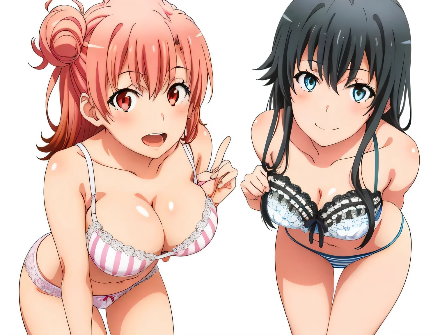 ((2 girls:1.0)), (Yuigahama Yui shapely breasts),(Yukinoshita Yukino),pin up,white silk ruffle underwear,Pale pink lace underwear,(beautiful string panties),Striped pattern,thighs ,knees,front,looking at camera,(high angle),smile,open your mouth,Panoramic view of the head,beautiful eyes
