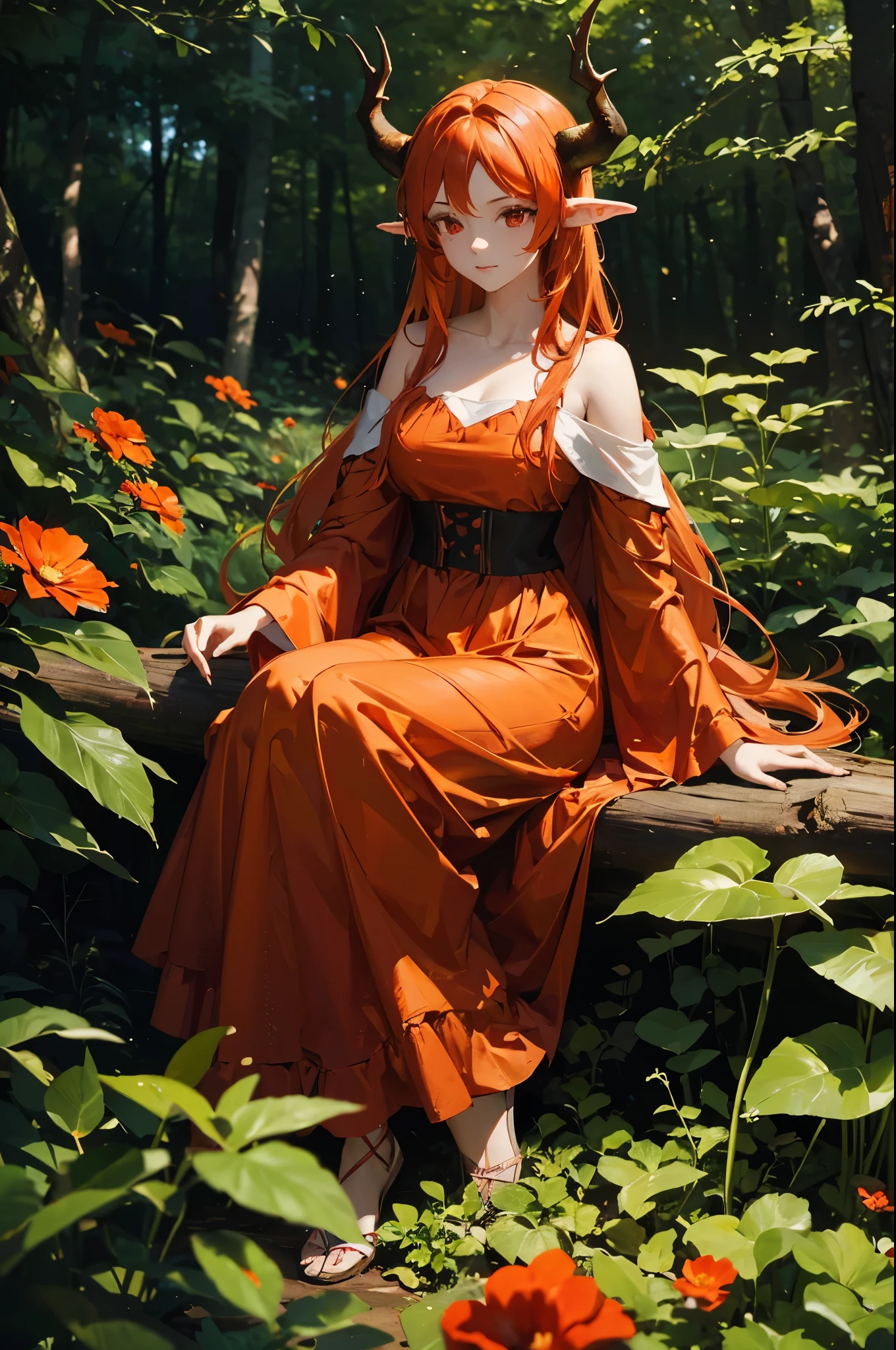 Create a mesmerizing digital painting depicting the serene beauty of an enchanted forest scene. Red flowers everywhere. In the center of the scene, portray a young beautiful woman sitting on a wood, ((perfect figure)), with flowing orange hair, ((she has horns on her head)), ((red eye)), wearing a cool red and black dress. Capture her graceful presence as she interacts with the natural elements around her, infusing the forest with an aura of tranquility and magic.