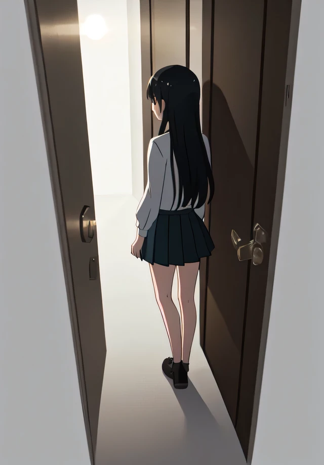 (1 girl), Best quality, A high resolution, unity 8k wallpaper, (Illustration:1.2), (perfect hands, Ideal Anatomy), (full-length character), black hair, long hair , White shirt, Black pleated skirt, Short skirt, ((view from the back)), (Opens the door), (half open door), (light from a crack) ,((White background))