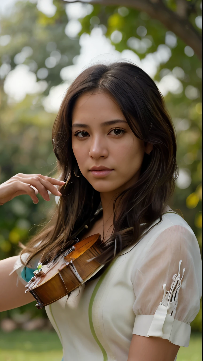 Retrato de una hermosa mujer cyborg con cabello rubio, intrincado, elegant, muy detallado, majestuosa, tocando el violin, en una pradera amplia, verde, con flores, digital photography, arte de artgerm y ruan jia y greg rutkowski pintura surrealista, side lighting, cabello flotando por el viento, hermosos ojos finamente detallados: 1.2), HDR, 