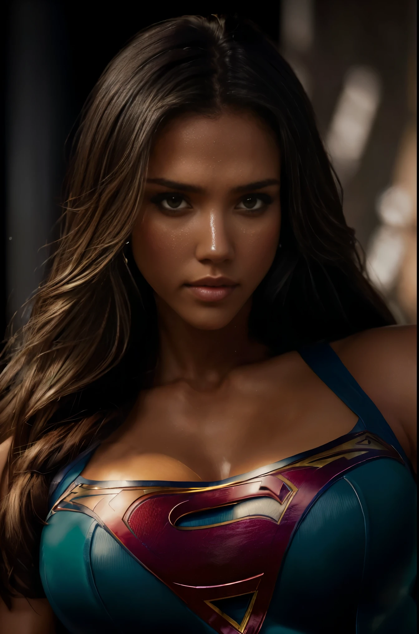 (dark shot:1.4), 80mm, Jessica Alba, a beautiful heavily muscled iffb pro female brunette bodybuilder, bodybuilder veins, extremely vascular, dressed as supergirl, (natural skin texture, hyperrealism, soft light, sharp), (intricate details:0.9), (hdr, hyperdetailed:1.2), soft light, sharp, exposure blend, medium shot, bokeh, (hdr:1.4), high contrast, (cinematic, teal and orange:0.85), (muted colors, dim colors, soothing tones:1.3), low saturation, (hyperdetailed:1.2), (noir:0.4)