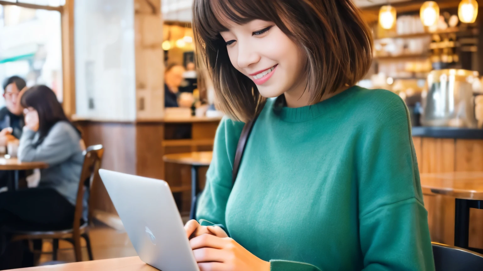 ((最high quality, 8k, masterpiece: 1.3)), perfect face,Inside a stylish cafe in New York、A scene in which a beautiful model-like woman with big breasts is drinking a latte and studying on a laptop.,everything around you, I can see other customers enjoying themselves too....。At the back of the cafe、Staff are busy working at the counter.、Feel the vibrancy and warmth of a city cafe.., sharp focus, 1 girl, sexy 1.2, brown hair, With bangs, (layered short hair), (big: 1.5), fine eyes, Beautiful eyes with long slits, double eyelid, (cat face), (cute Face), cute Smile, (close your mouth), (cute), soft skin, show the whole body, surreal, Super detailed, high quality, (Beautiful female college student with short hair studying in a cafe), ((Detailed very cute college girl), ((big胸 It can be seen even through clothes)),Staring at your boyfriend