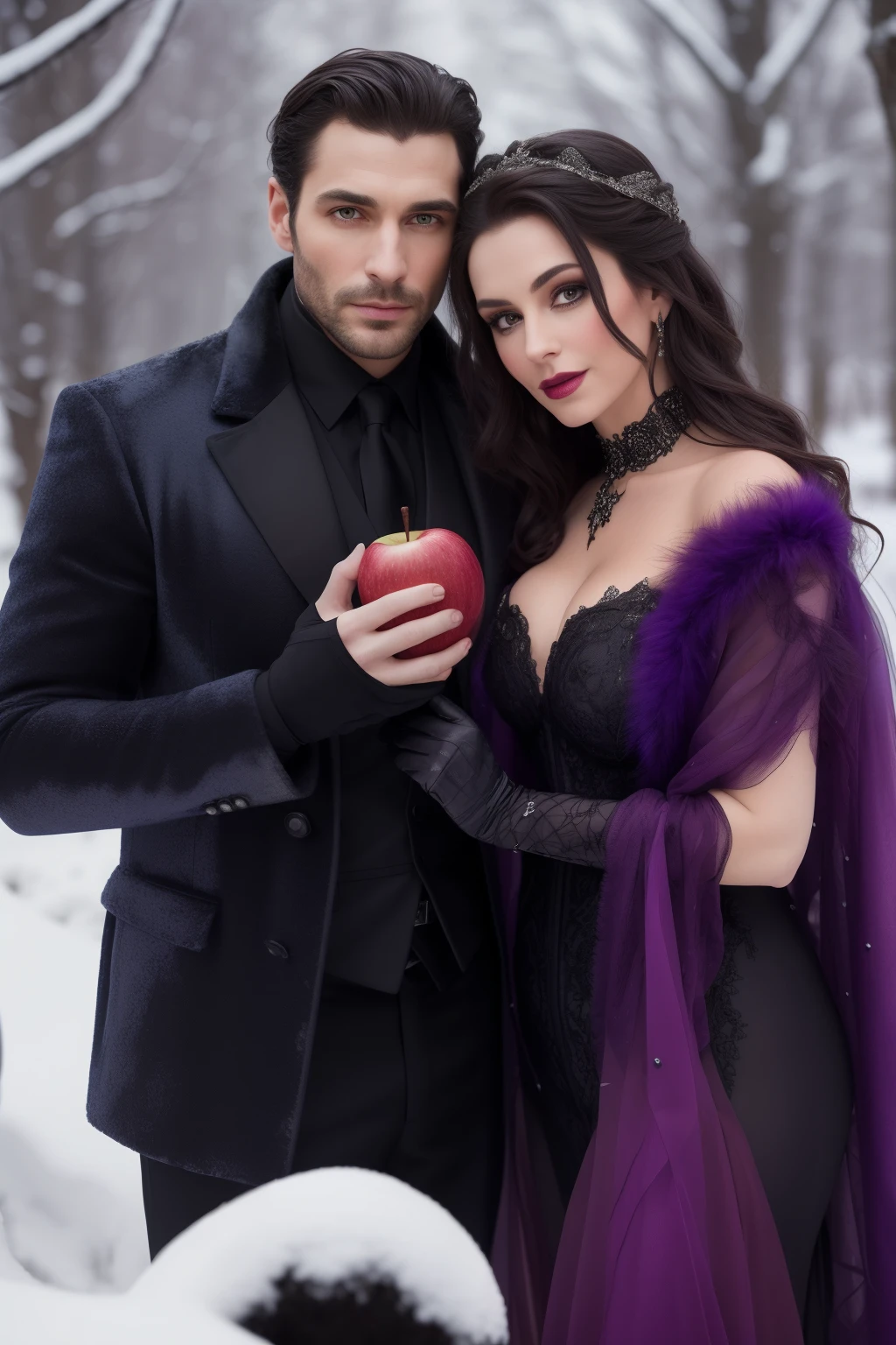 Title: "Enchanted Entanglements"

A captivating book cover, shrouded in dark romance, showcases a seductive scene between a handsome man in a tailored suit and a mesmerizing native woman with violet-highlighted curls. The man exudes an air of sophistication, his piercing eyes locked onto the woman's, as they both hold apples in their gloved hands. The woman, dressed as a tantalizing witch, with a smoldering gaze and an alluring smile, adds an enchanting allure to the image. The wintry setting, with the snow-covered ground as a backdrop, further intensifies the romantic and mysterious