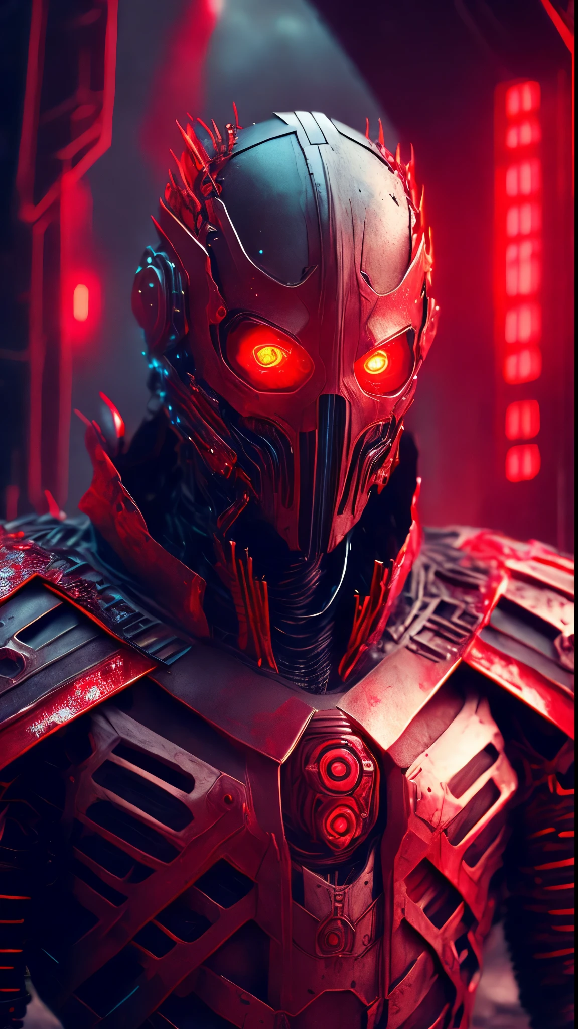breathtaking cinematic science fiction photo of a portrait of a non human Grim wrapped in red chrome metal skin, body full glowing metrics inside, glowing multicoloured eyes, multifaceted eyes, metallic arms, inside a destroyed building, extremely menacing creature, highly detailed, award-winning