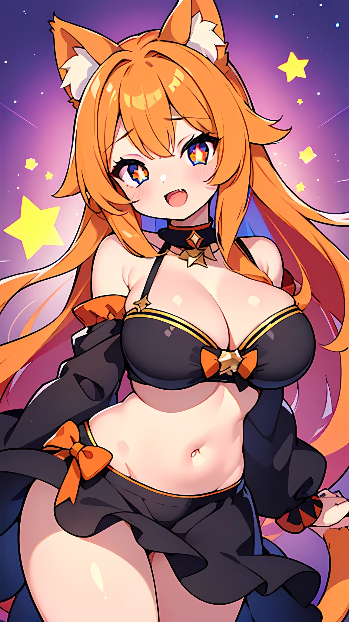 (masterpiece, best quality), ((1girl, (mature female) orange long hair), (star-shaped pupils, +_+, symbol-shaped pupils, sparkling eyes), (cat ears, open open mouth,cat tail)), (looking at viewer, light smile, off shoulder), (abstract, multicolored background, abstract background, chromatic aberration),belly dancer,(big breasts:1.2),cleavage,nighttime,desert