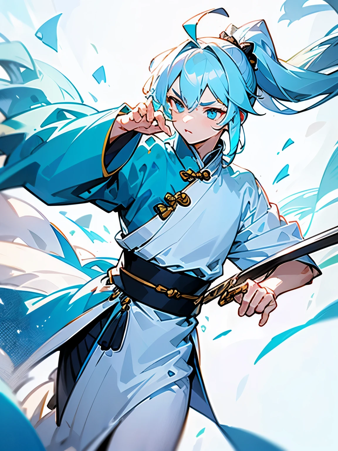10th generation male、light blue hair、The ends of the hair are flying、Ahoge、short ponytail、blue eyes、He holds a big, thick sword like a fantasy one.、Wearing china clothes、battlefield in the background
