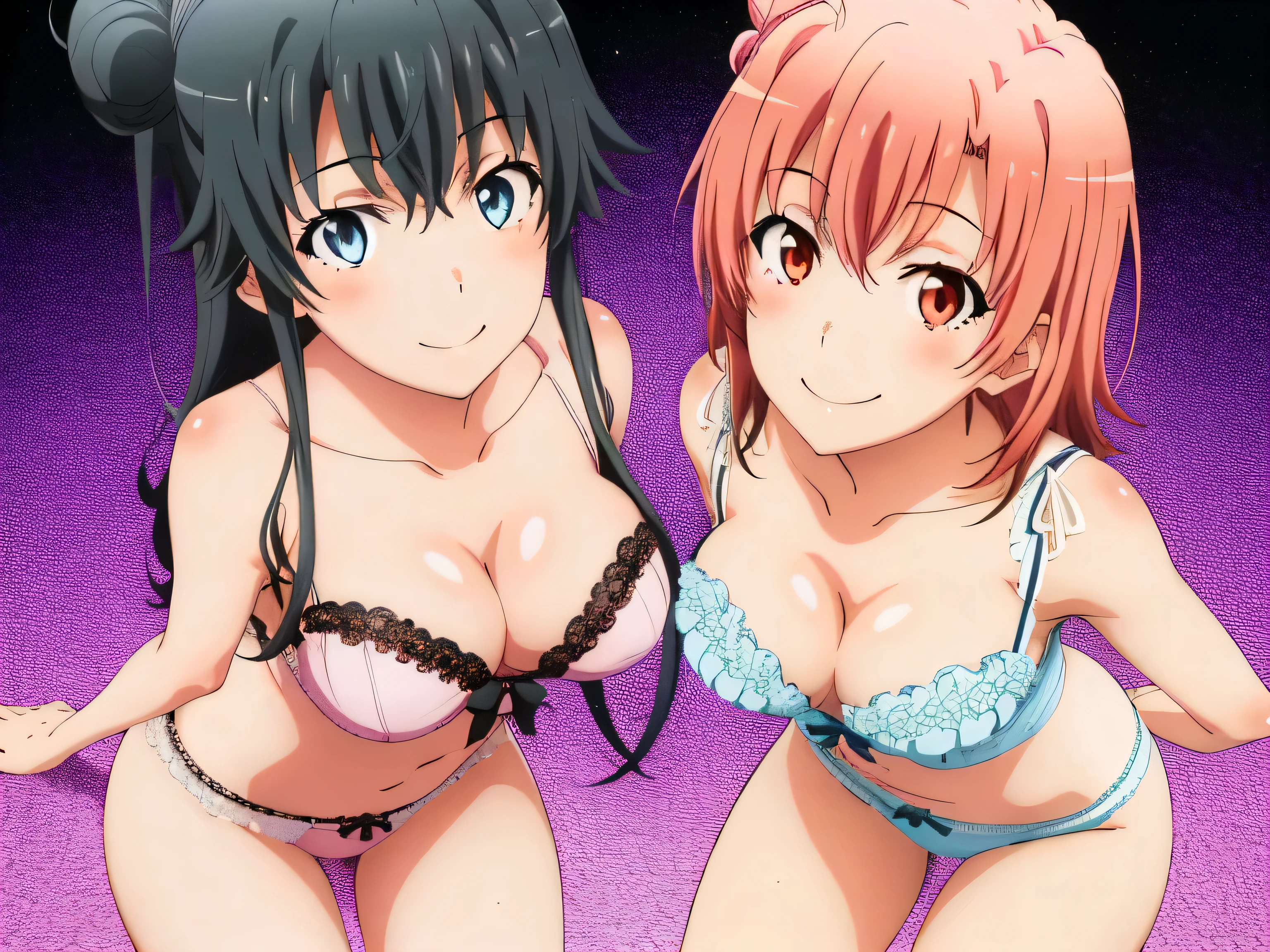 ((2 girls:1.0)), (Yuigahama Yui shapely breasts),(Yukinoshita Yukino),pin up,white frilly underwear,Pale pink lace underwear,(beautiful shiny silk panties),thighs ,knees,front,looking at camera,(high angle),smile,open your mouth,Panoramic view of the head,beautiful eyes